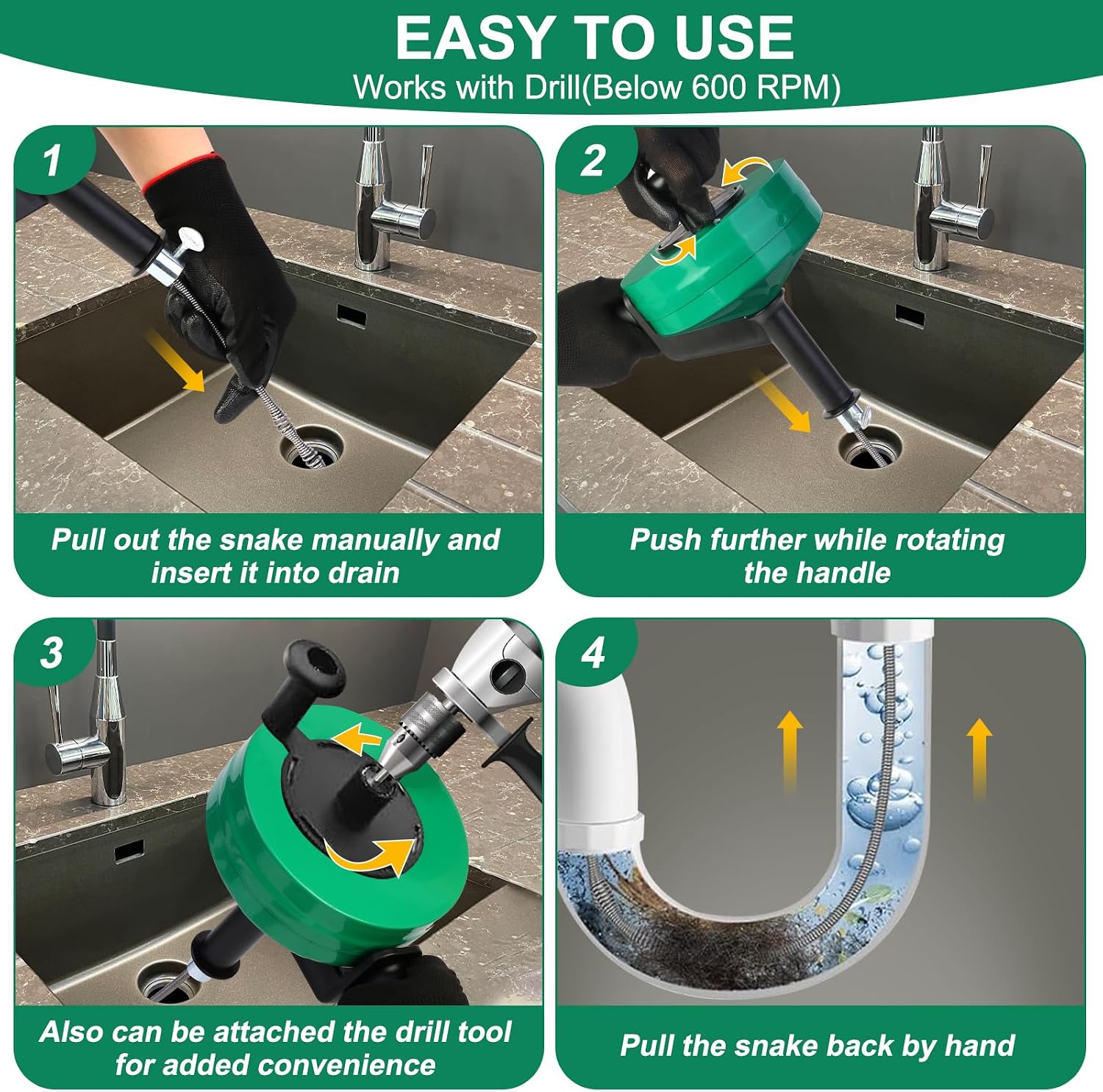 Wayona Drain Snake 50 FT, Plumbing Snake for Sink Snake Drain Clog Remover, Drain Snake with Drill Attachment with Bag Gloves Cleaning Brush