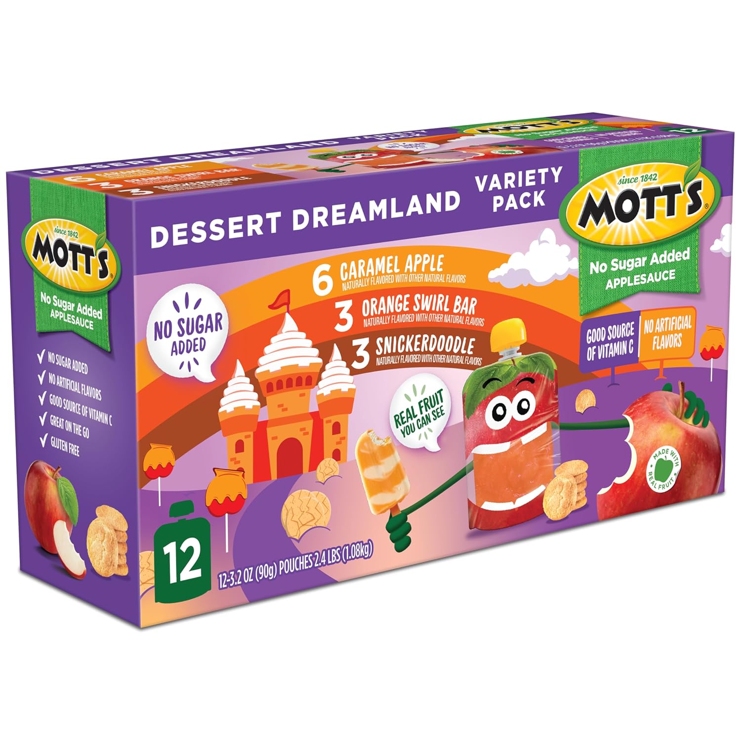 Mott's No Sugar Added Applesauce, 3.2 Oz Clear Pouches, 48 Count (4 Packs Of 12), Good Source Of Vitamin C, No Artificial Flavors