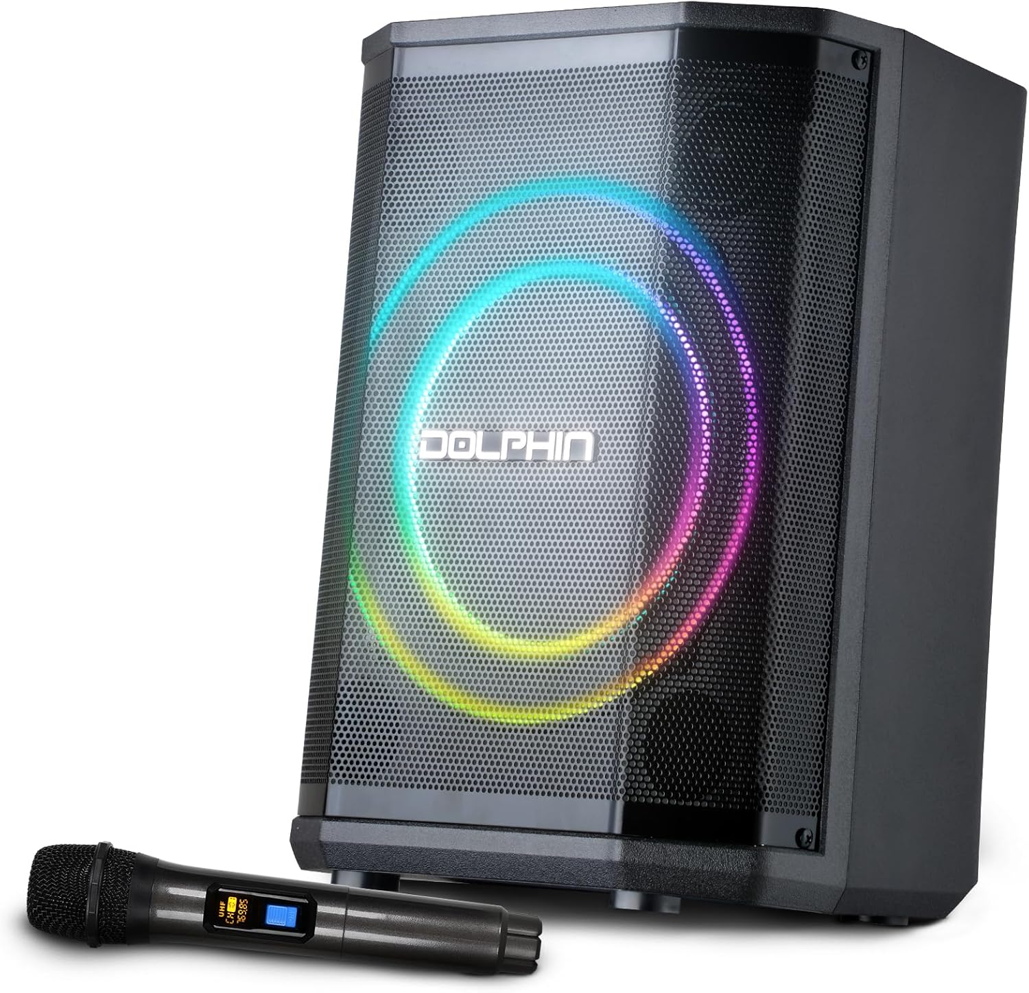 Dolphin Bluetooth Party Speaker with Wireless Microphone, 8" Woofer | 40W RMS, 3D LED Ring Light, RGB Lights, TWS Pairing, USB/AUX