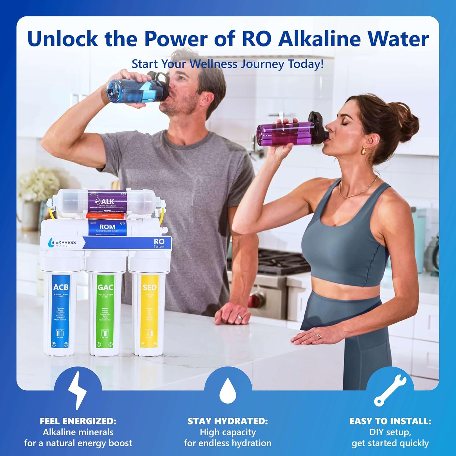Express Water ROALK5D, 10-Stage Under Sink RO System, Alkaline, 50 GPD | NSF Certified 372, Deluxe Chrome Facuet, Reduces 99% of Impurities, BPA Free, Leak Detection