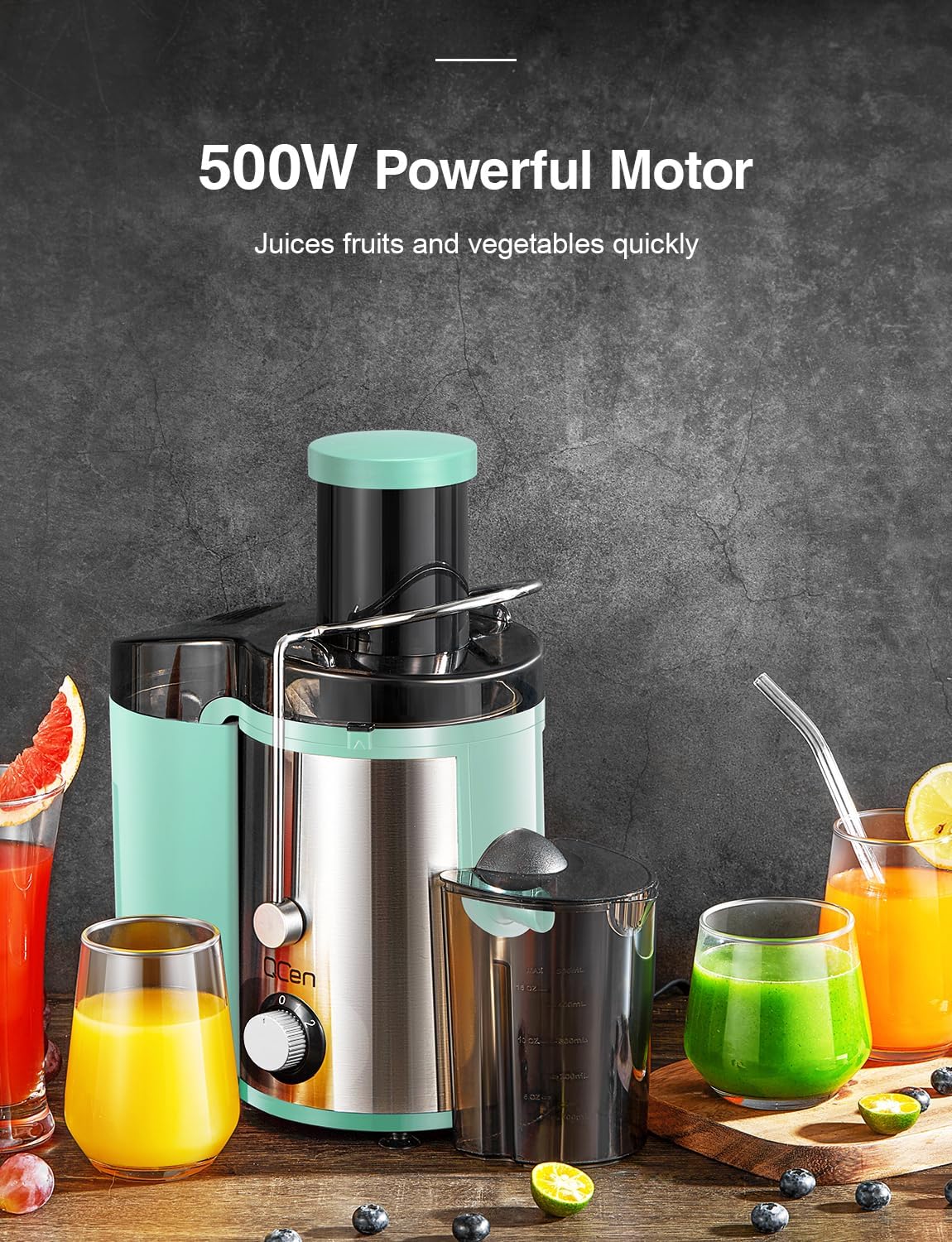 QCen Juicer Machine 500W Centrifugal Juicer with Extra Wide Feed Chute