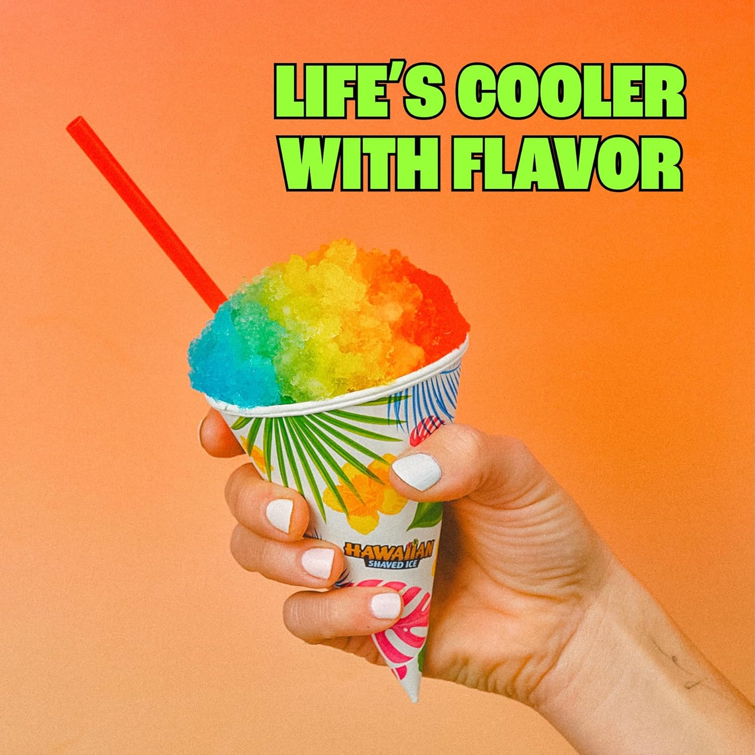 Hawaiian Shaved Ice Machine Kit - 3 Flavors, 25 Cups, Straws, Pourers, Ice Molds