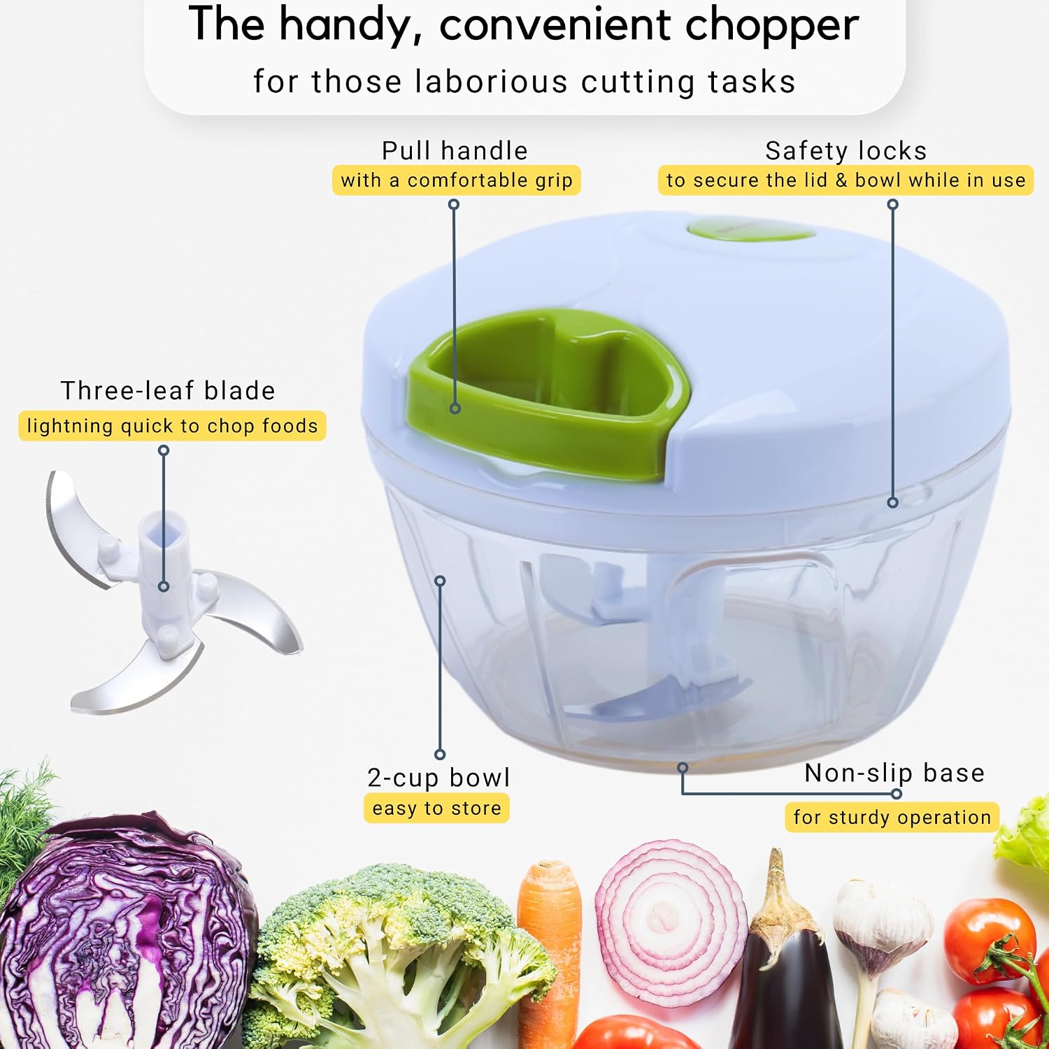 Brieftons QuickPull Manual Food Chopper, 4-Cup Hand Pull String Chopper, No Electricity, Chops Onion Tear-Free, Garlic, Vegetables, Herbs, Nuts for Salsa, Guacamole, Pesto, Baby Food, RV, Camping