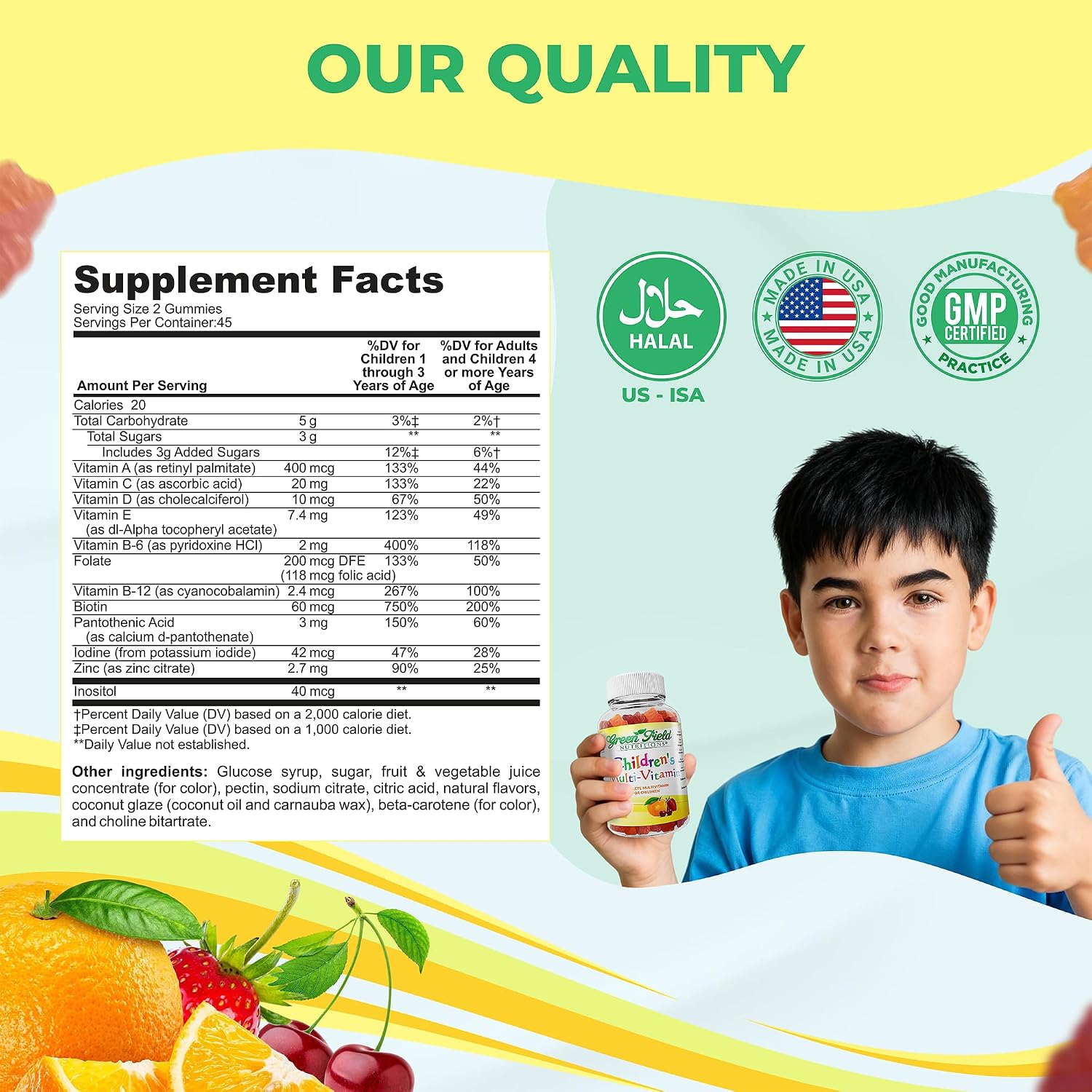 Greenfield Nutritions Halal Multivitamin for Kids – Gelatin-Free Halal Kids Multivitamin Gummies with Vitamins A, B, C, D