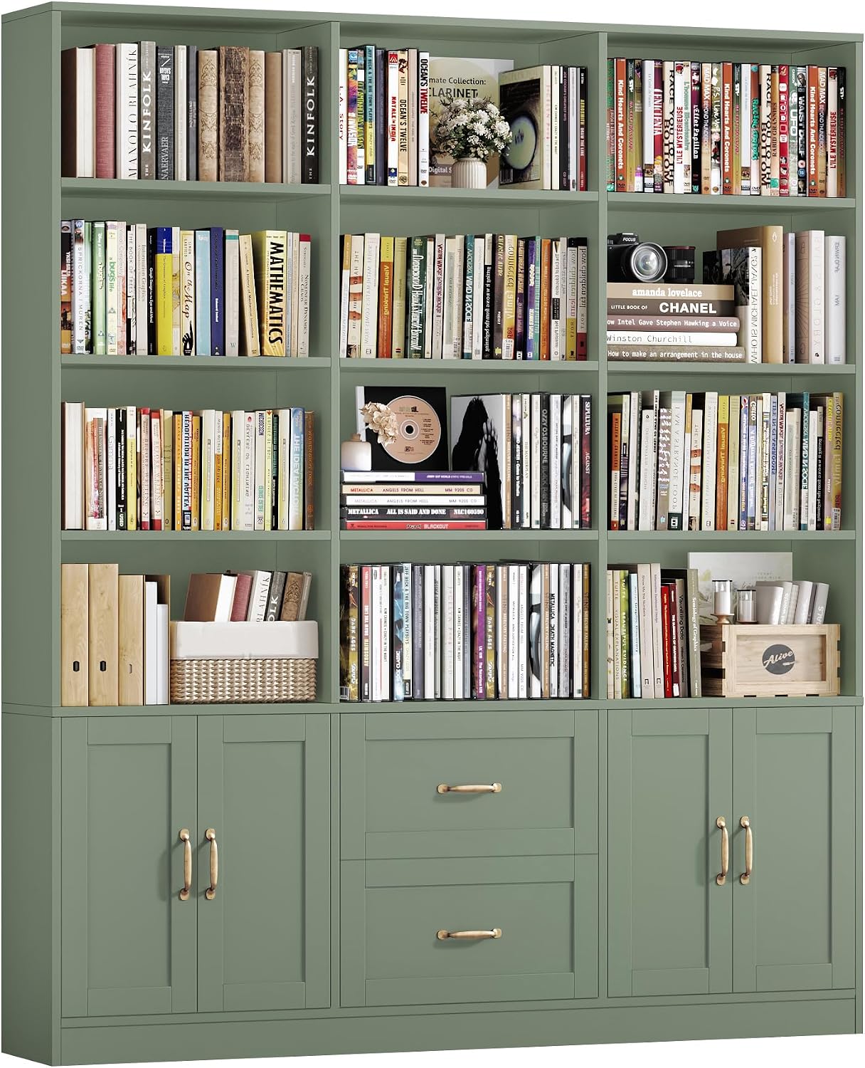HOSTACK 71" Tall Triple Wide Bookshelf with Storage Drawers & Doors, Green | Large Bookcase with Cabinet, Modern 6-Tier Open Display Shelves, Wood Book Shelf for Living Room, Home Office