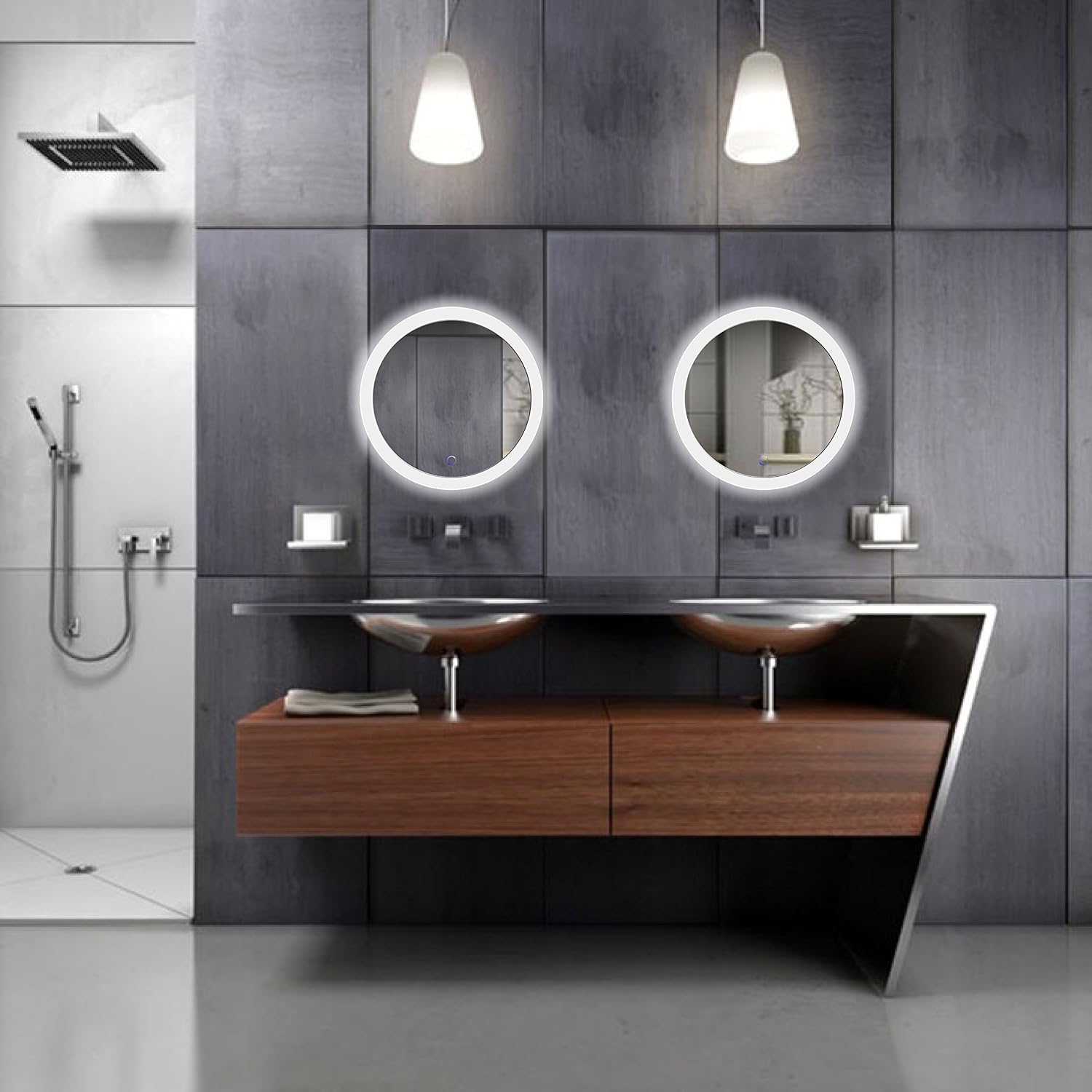 LED Bathroom Round Mirror 22 Inch Diameter | Lighted Vanity Mirror Dimmer & Defogger + Silver Backed Glass | |
