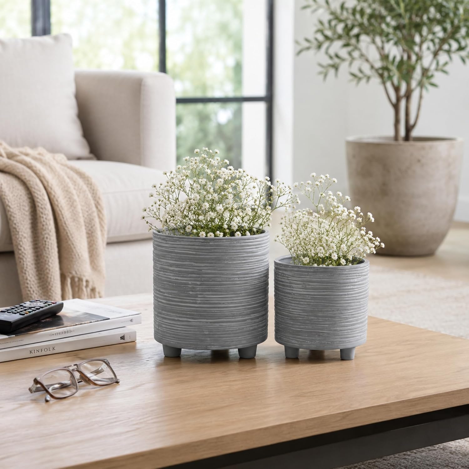 Set of 2 Footed Planters with Ridged Lines Accent – Ceramic Stoneware Outdoor & Indoor Plant Pot – Modern Garden & Home Decor Ceramic Planters
