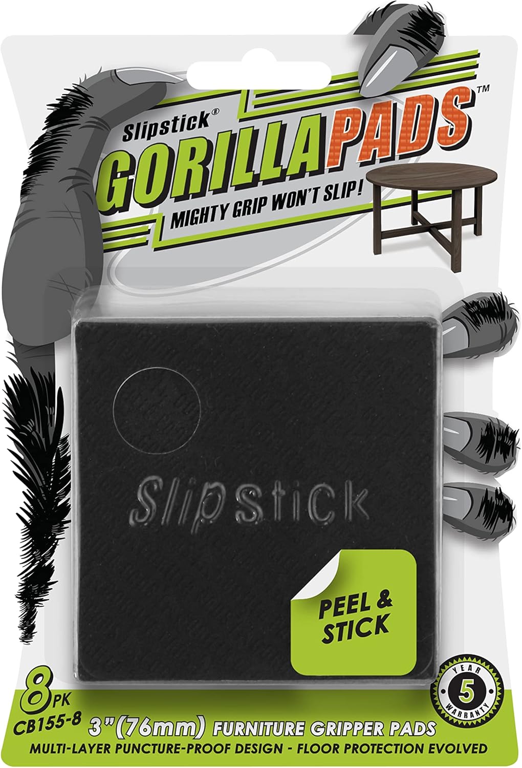 Slipstick GorillaPads CB149 Non-Slip Furniture Pads/Rubber Grippers (Set of 8) Self-Adhesive Furniture Feet Floor Protectors, 1-1/2 inch Round, Black