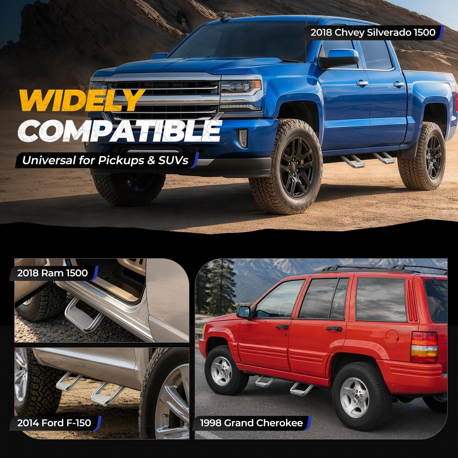 Auto Dynasty 1 Inch Universal Side Step with Mounting Brackets | Aluminum Step Rails Side Hoop Steps for Pickups & Trucks, Silver Powder Coated