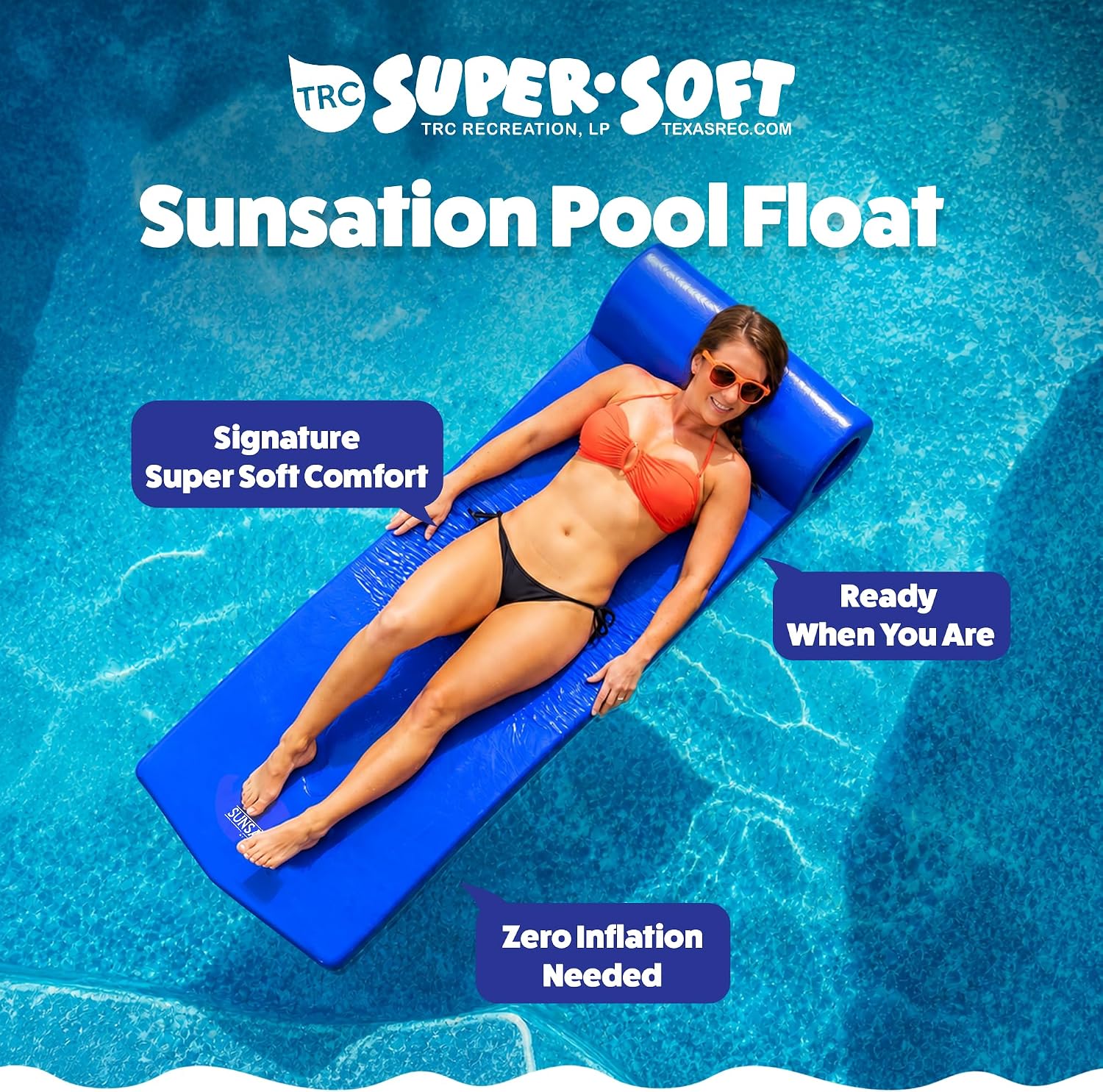 TRC Recreation Sunsation 1.75" Thick Foam Pool Float Lounger w/ Headrest for Lounging & Sunbathing in Swimming Pools, Beaches & Lakes, 70" x 26