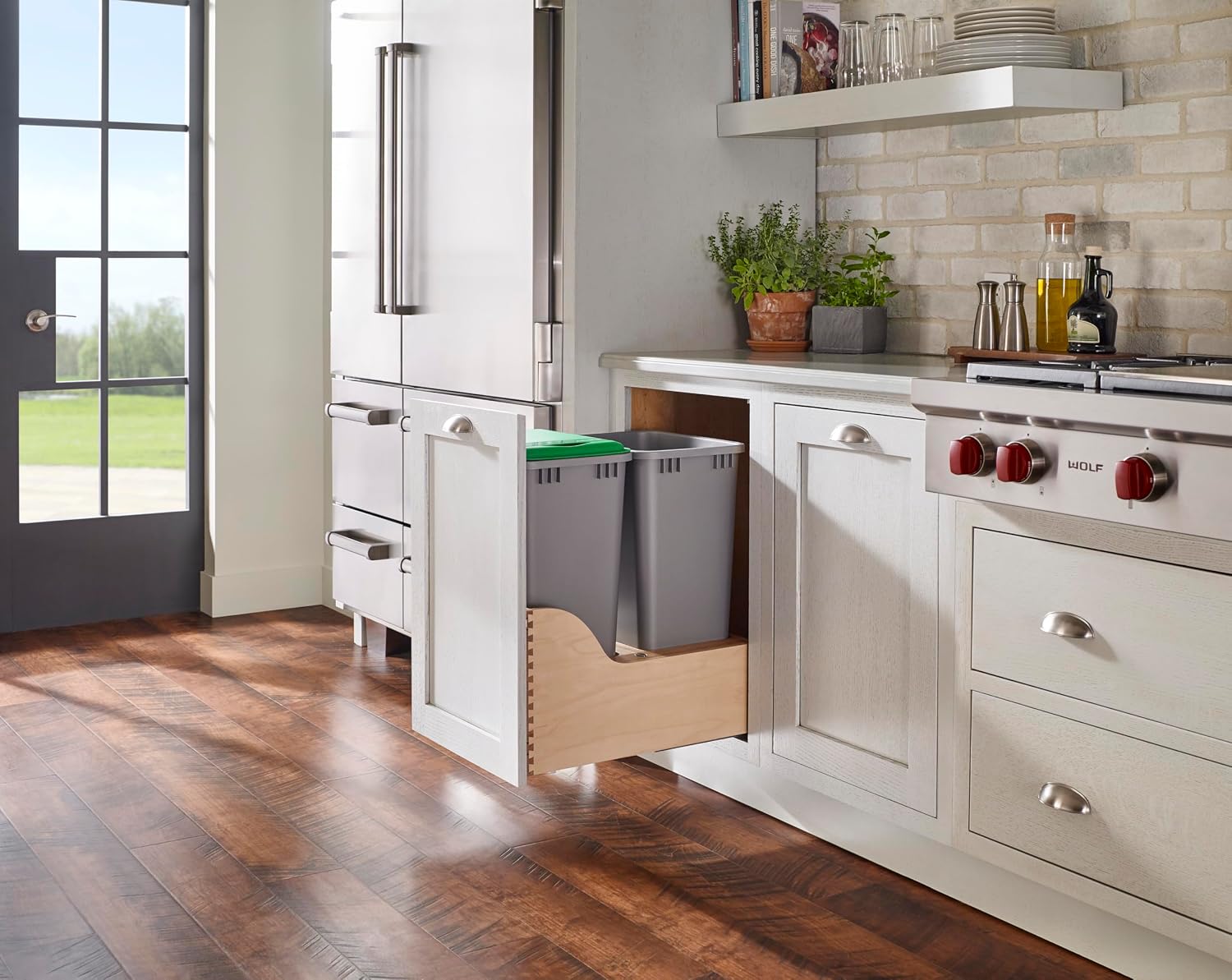 Rev-A-Shelf Double Pullout Trash Can, Min Cabinet Opening 18" W, 50 Qt | w/ Soft-Close, Under Cabinet Waste/Recycling Bin w/ Lid, Silver, 4WCSC-2150DM-2