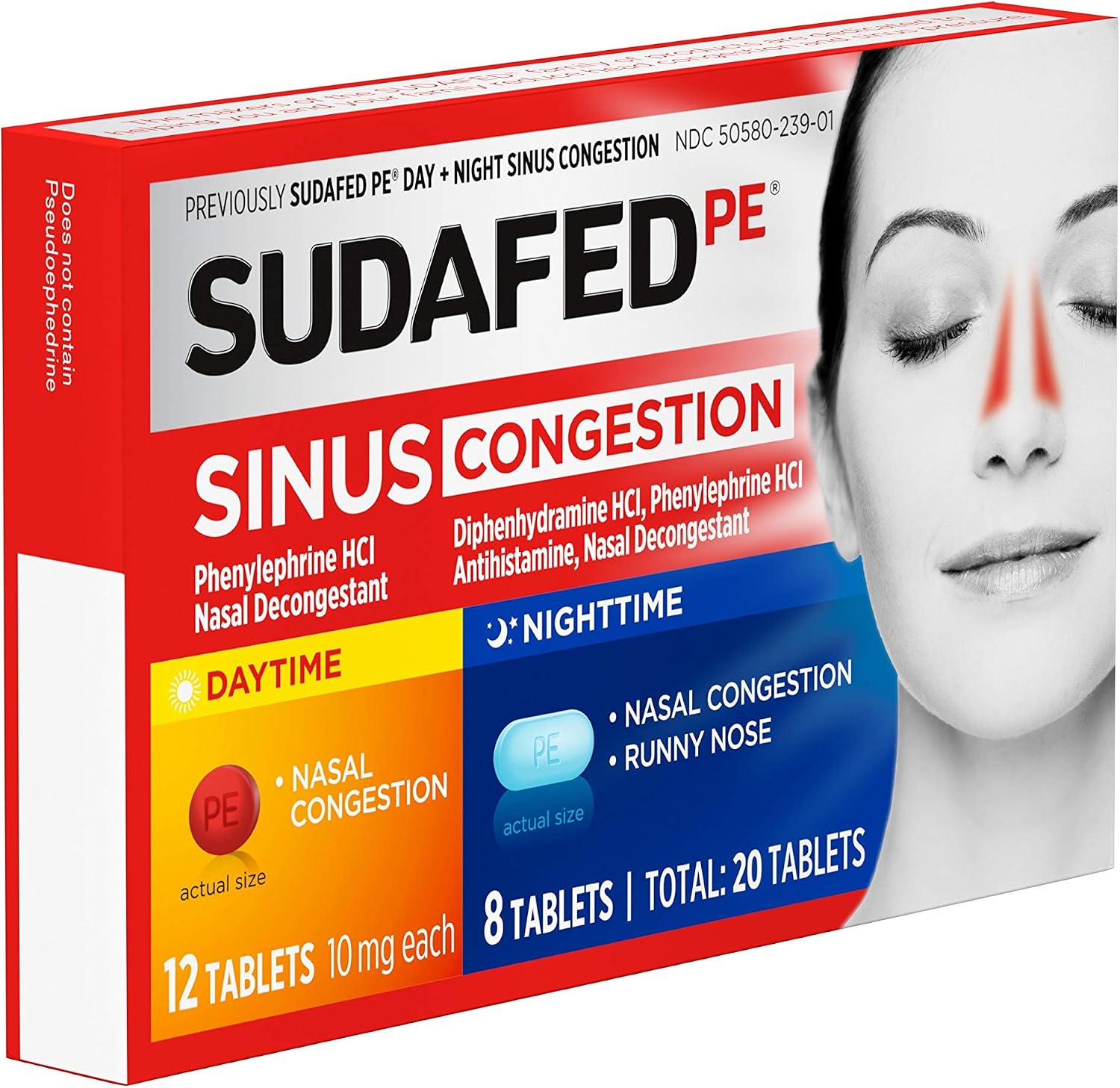Sudafed PE Day + Night Tablets, Phenylephrine HCl, 20 ct | Diphenhydramine HCl, Maximum Strength Decongestant & Antihistamine