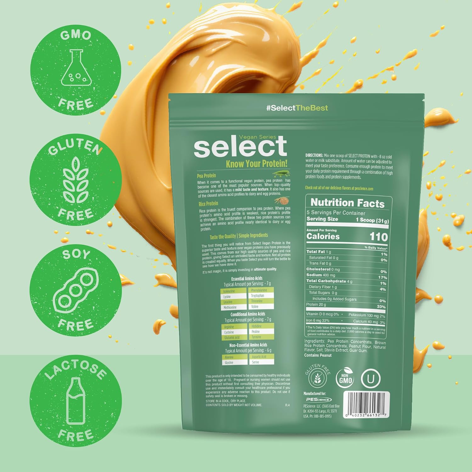 PEScience Select Vegan Protein Powder, Peanut Butter Delight, 27 Servings | Plant Based Protein Powder, Pea and Brown Rice Blend, Dairy Free, Lactose Free, Gluten Free