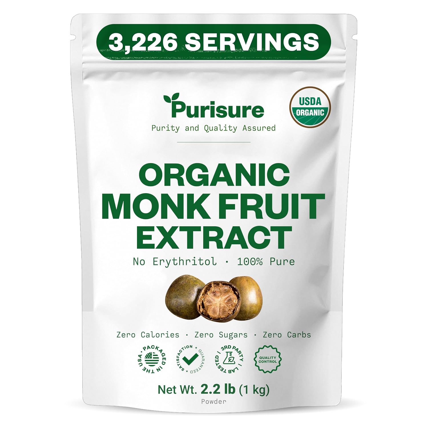 Organic Monk Fruit Extract Powder, 125g (4.4oz), No Fillers Pure USDA Organic Monk Fruit Extract Sweetener with No Aftertaste, Non-GMO, Zero Calorie & Zero Carbs, Keto & Paleo Friendly 403 Servings