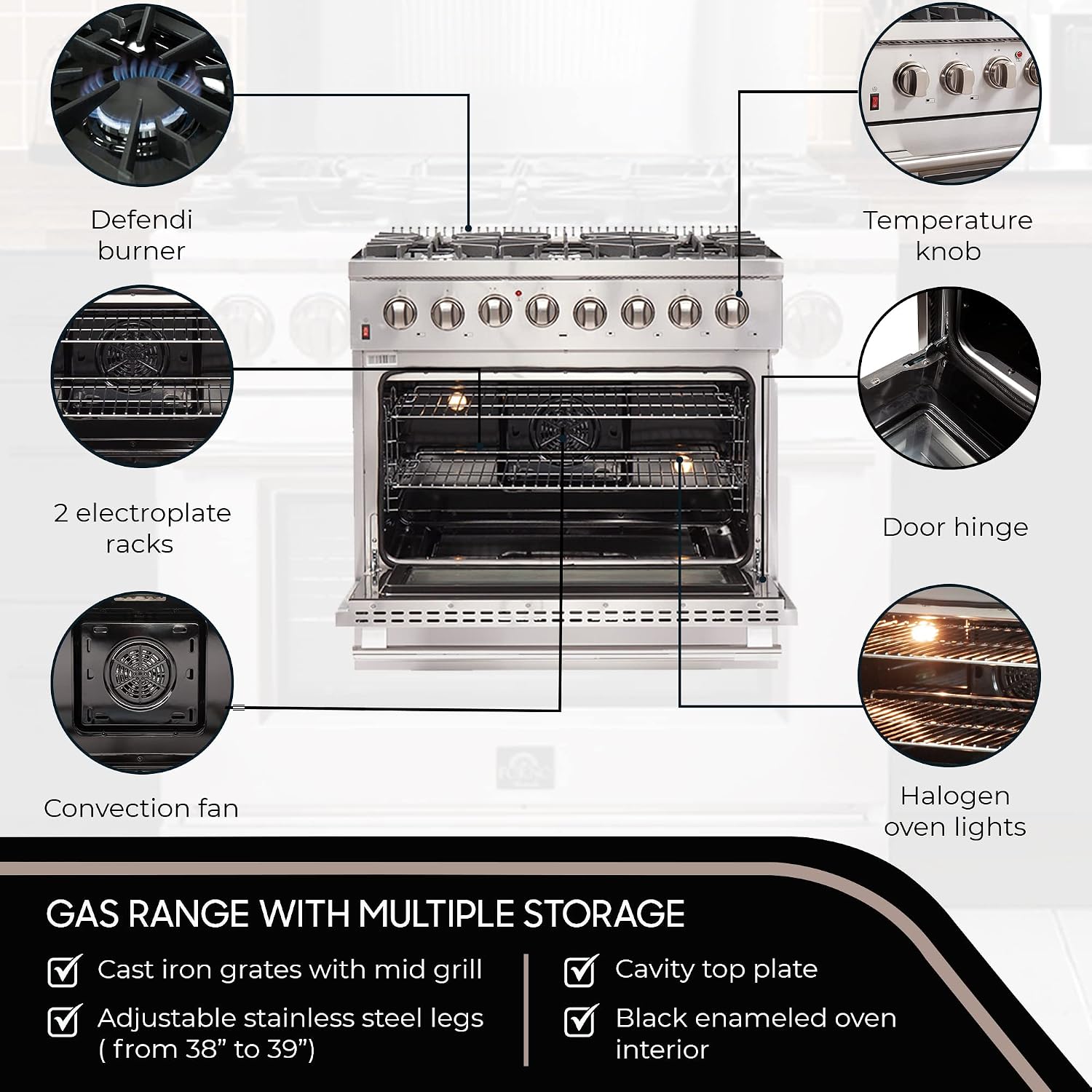 FORNO Galiano Dual Fuel 36" Inch. Freestanding Range 6 Sealed Brass Burners Cooktop - 5.36 Cu. Ft. Convection Electric Oven - Stainless Steel Stove