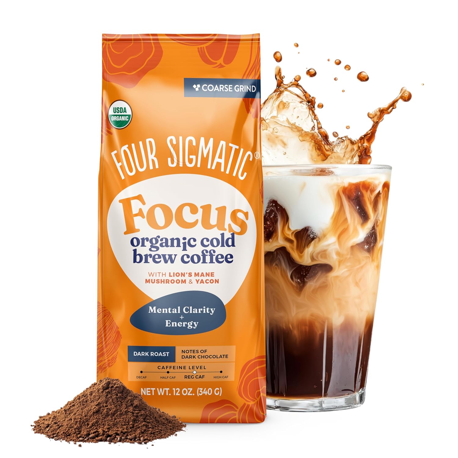 Four Sigmatic Organic Focus Mushroom Ground Coffee | Dark Roast, Organic Coffee with Lion's Mane & Chaga Mushroom for Mental Clarity & Energy Support | 12oz Bag