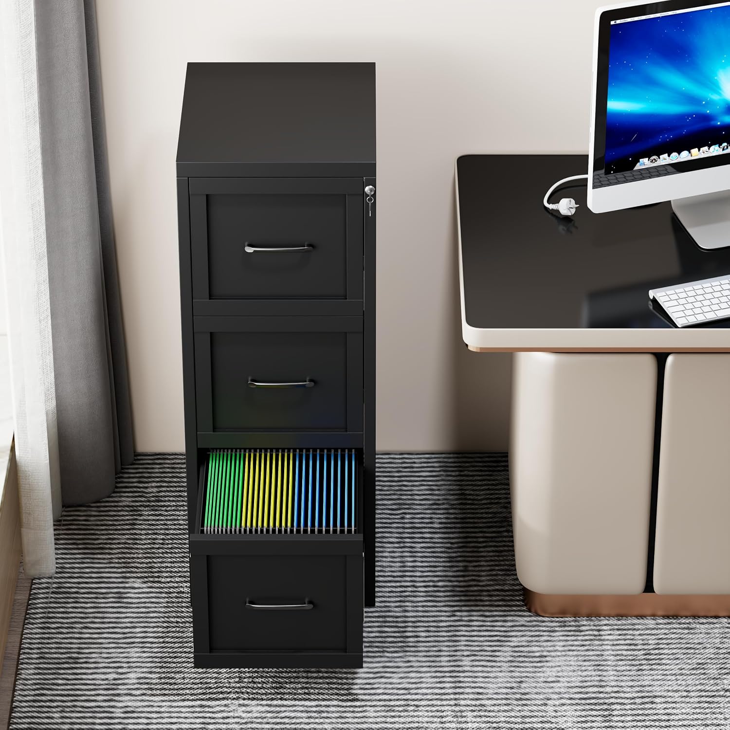 3 Drawer File Cabinet, Office Mobile Filing Cabinet, Printer Stand | All-in-One Office Storage, 3 Storage Drawers, 2 Adjustable Shelves, Lockable Cabinet, 4 Casters, 46.5-Inch Top