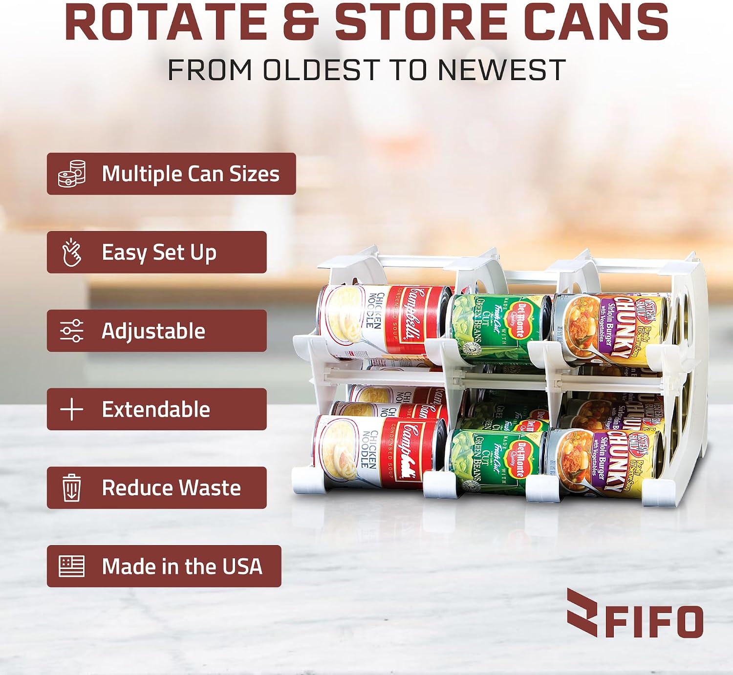 FIFO Countertop Mini Can Tracker Holds 30 Standard 10-24 Oz Can Sizes, White| Stackable & Adjustable Can Organizer for Pantry, USA Made, White
