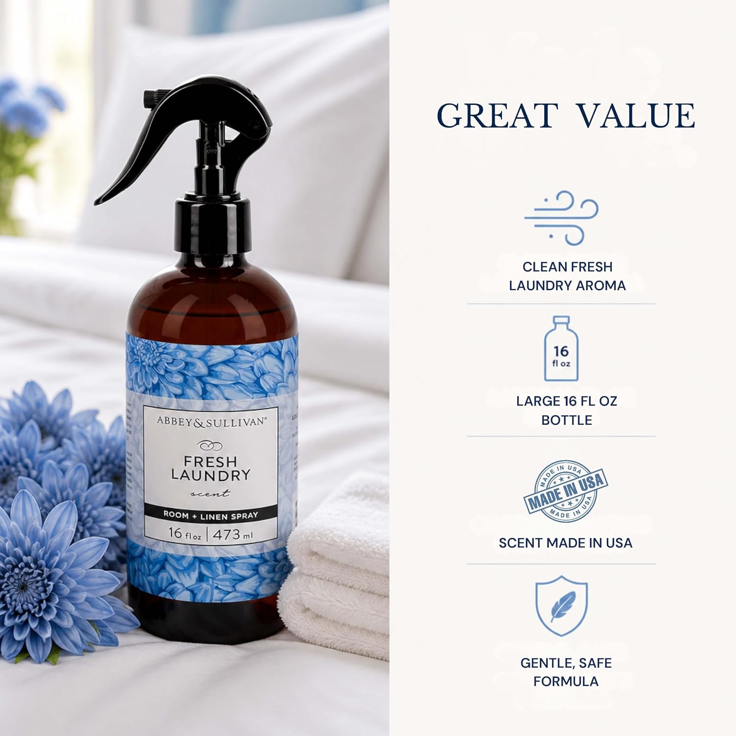 Abbey & Sullivan Odor Eliminating and Refreshing Linen and Room Spray, Fresh Laundry, 16 oz