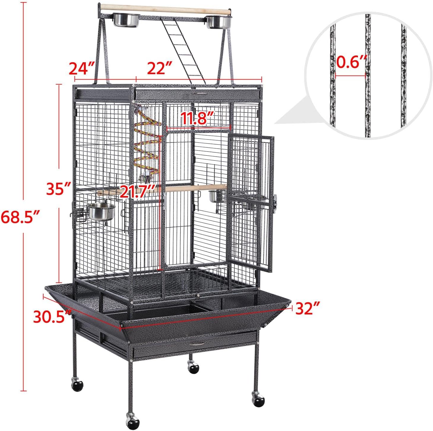 Yaheetech 68-inch Rolling Play Top Large Parrot Bird Cage for African Grey Cockatiel Conure Lovebird Parakeet Budgie