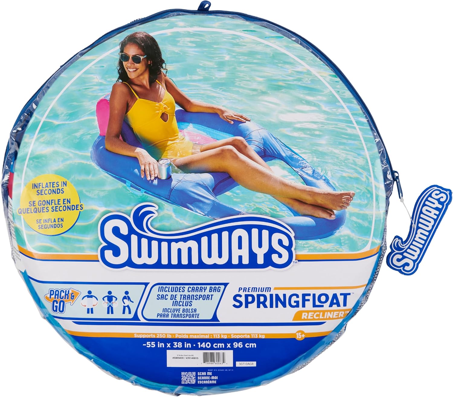 SwimWays Spring Float Recliner Chair for Swimming Pool, Inflatable Pool Floats Adult with Fast Inflation, Cup Holder & Foot Rest for Ages 15 & Up
