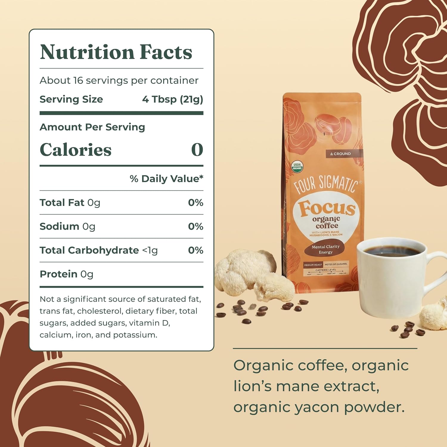 Four Sigmatic Organic Focus Mushroom Ground Coffee | Dark Roast, Organic Coffee with Lion's Mane & Chaga Mushroom for Mental Clarity & Energy Support | 12oz Bag