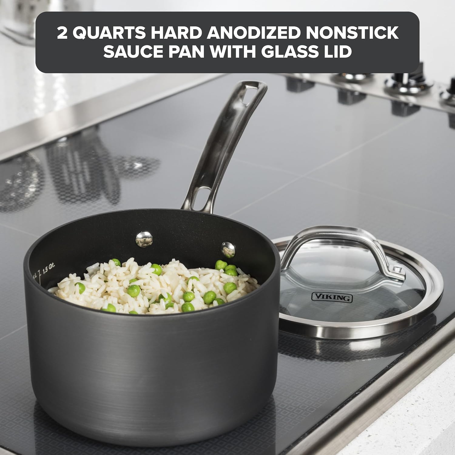 Viking Non Stick Sauce Pan with Glass Lid, 1 Quart Hard Anodized Nonstick Saucepan Cooking Pot, Dishwasher and Oven Safe, Induction Ready, Gray