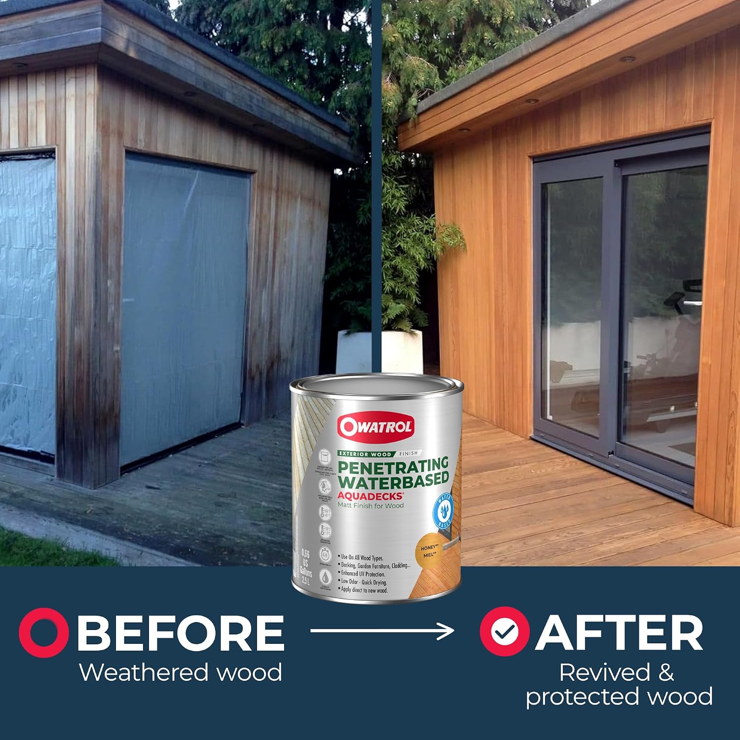 OWATROL Aquadecks, Wood Stain and Sealer, Matt Finish, 85 Oz, Teak | Protects Wood from UV & Moisture, Wood Stain & Sealer for Decks, Fences & Furniture, Water-Based, Won't Peel or Flake, Matt