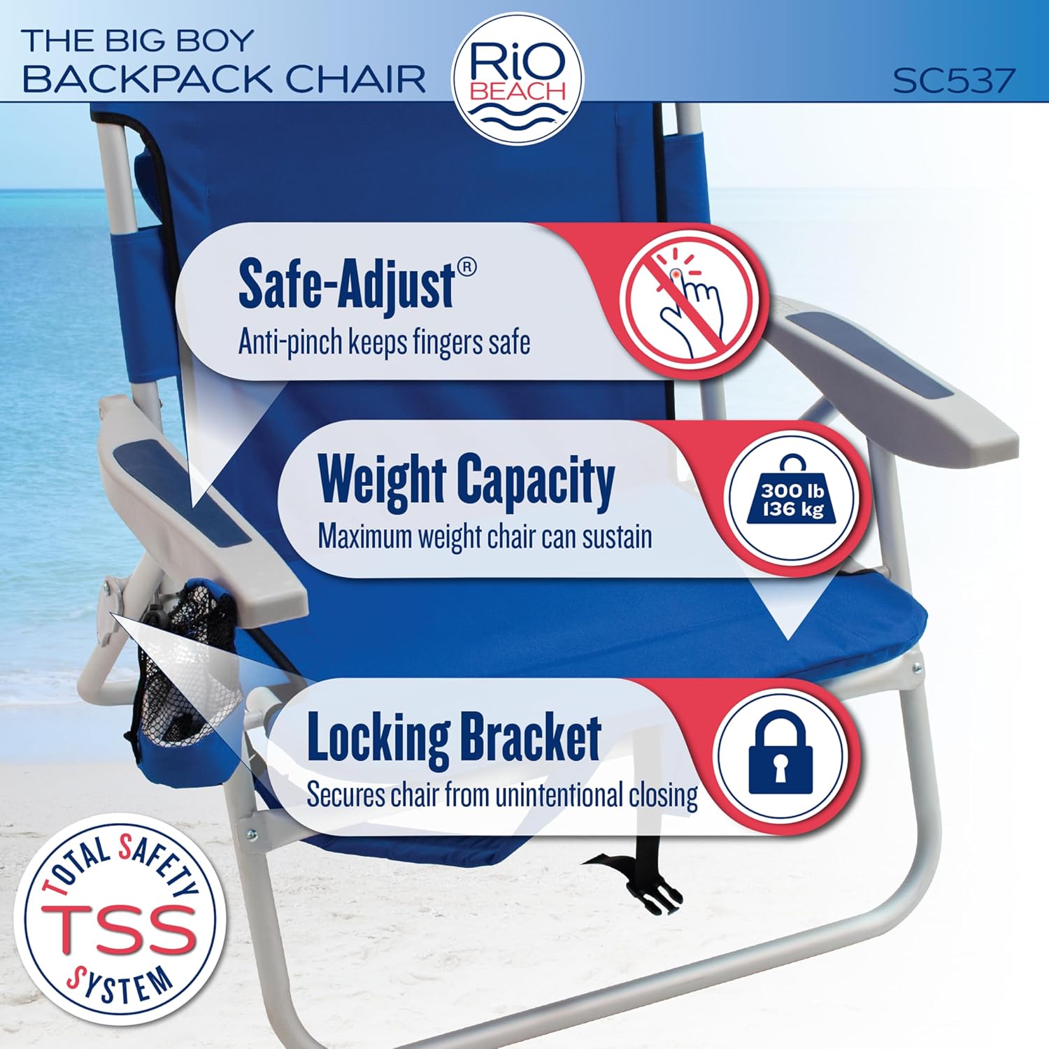 Rio Beach 2-Pack Wide Big Boy 4-Position Backpack Beach Chair with Pillow, Arms, and Storage Pouch, Lightweight Outdoor Portable Camping Chair with Carry Straps, Supports up to 300 lbs., Blue/Red