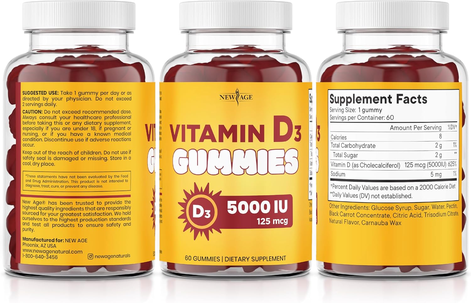 NEW AGE Vitamin D3 5000 IU 125mcg Gummies - Immune Supplement - Non-GMO, Gluten-Free, Dairy-Free, No Gelatin (120 Gummies (Pack of 2))