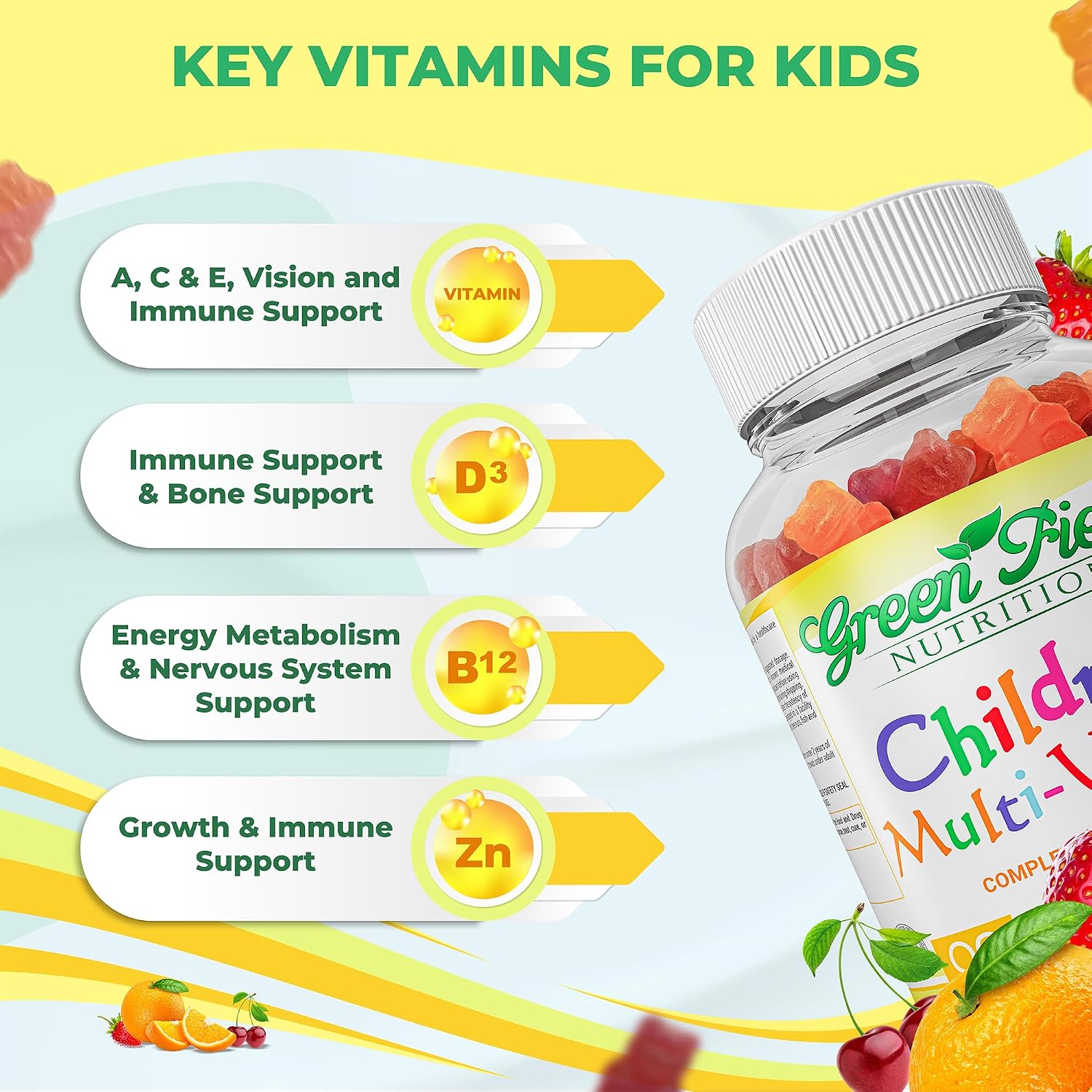 Greenfield Nutritions Halal Multivitamin for Kids – Gelatin-Free Halal Kids Multivitamin Gummies with Vitamins A, B, C, D