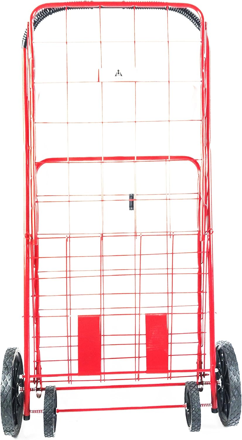 ATH Large Deluxe Rolling Utility / Shopping Cart - Stowable Folding Heavy Duty Cart with Rubber Wheels For Haul Laundry, Groceries, Toys, Sports Equipment, Red