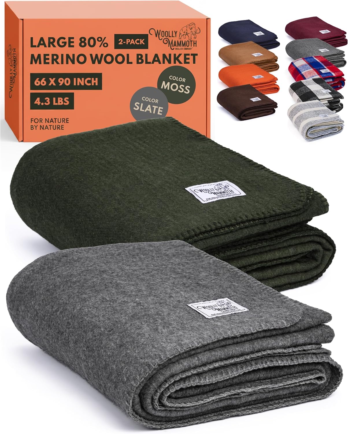 Woolly Mammoth Woolen Company Merino Wool Blanket, 66" x 90" Moss | Temperature Regulating - Fire-Resistant - Warm Camping Blanket for Car Emergency Kits, Picnics, Summer Festivals and Stadiums