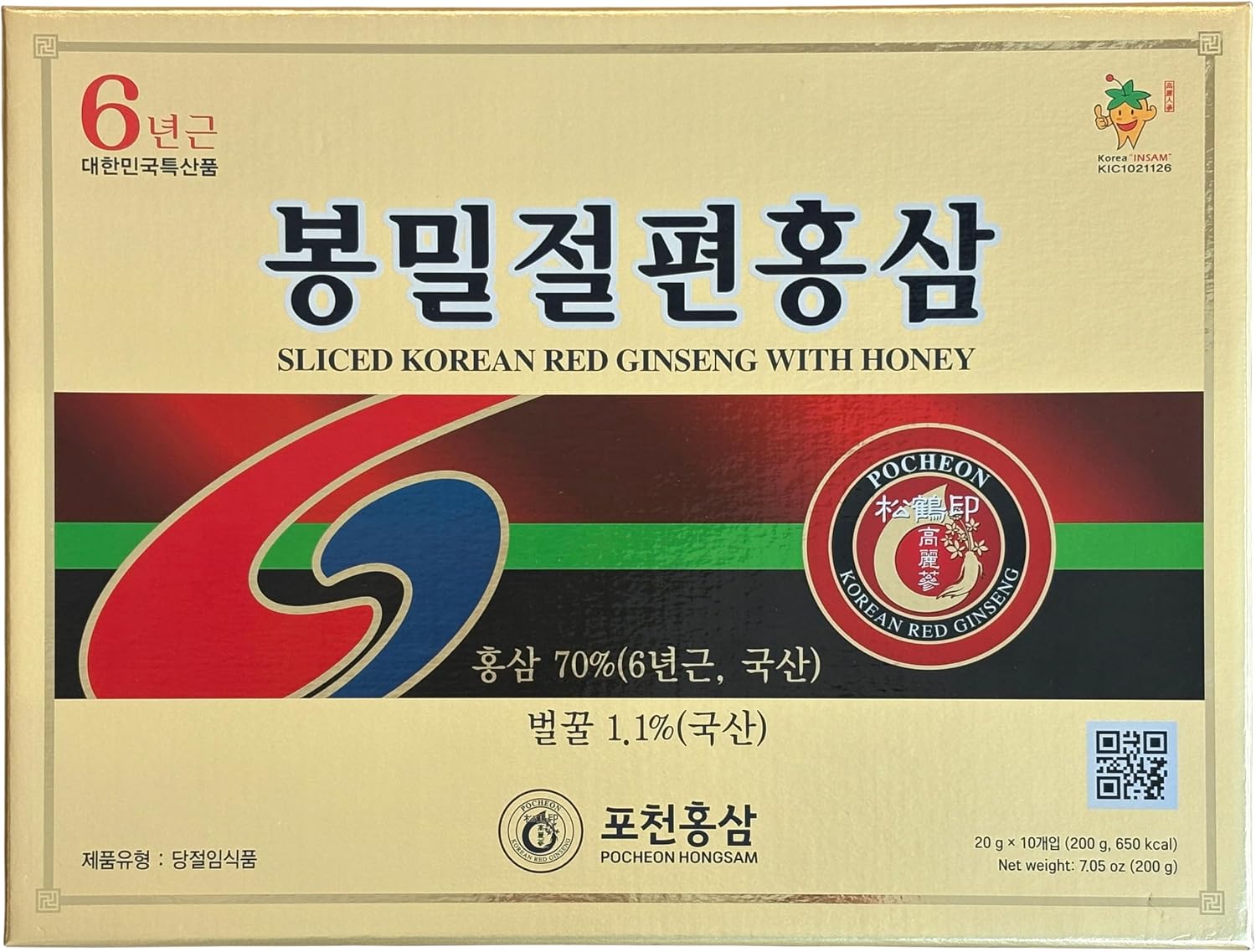 Pocheon 200g(20g x 10) 6Years Sliced Korean Panax Red Ginseng Root with Honey, Natural Immune Support
