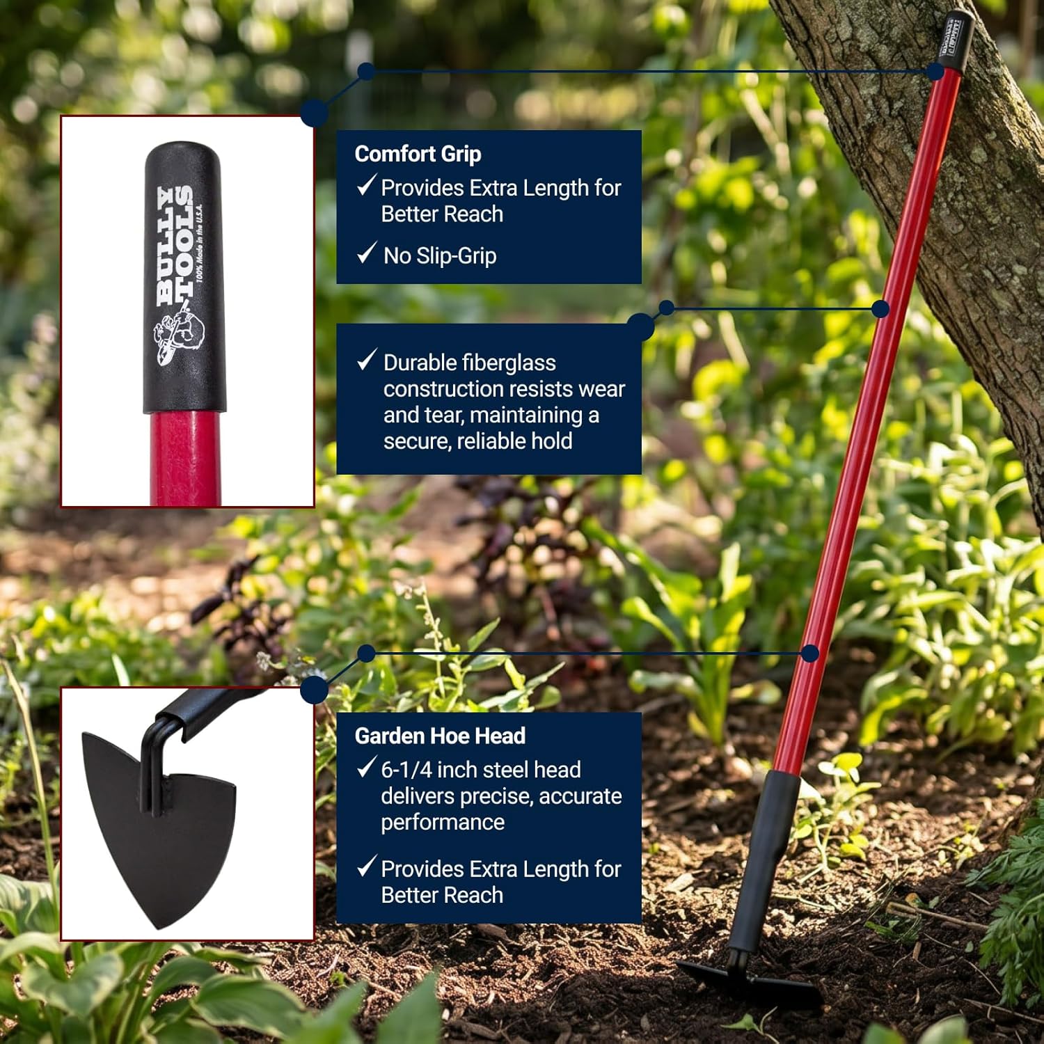 BULLY TOOLS Warren Hoe Professional 12-Gauge 6.25-Inch Garden Hoe Tool with Fiberglass Handle, Commercial Strength, Gardening Tools