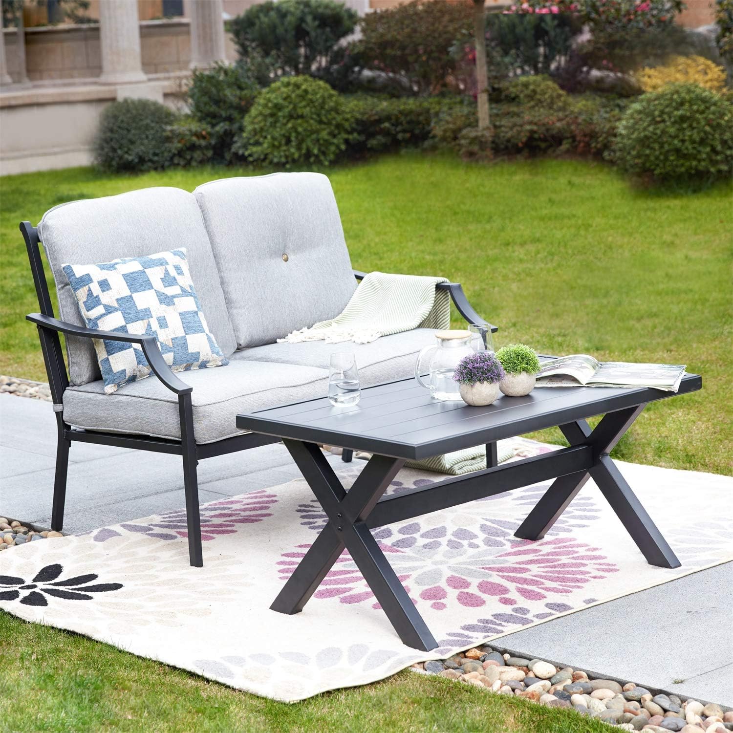 ® Outdoor Loveseat Bench,2PCs Conversation Furniture Set with Cushions,for Garden,Yard,Poolside and Patio (White)