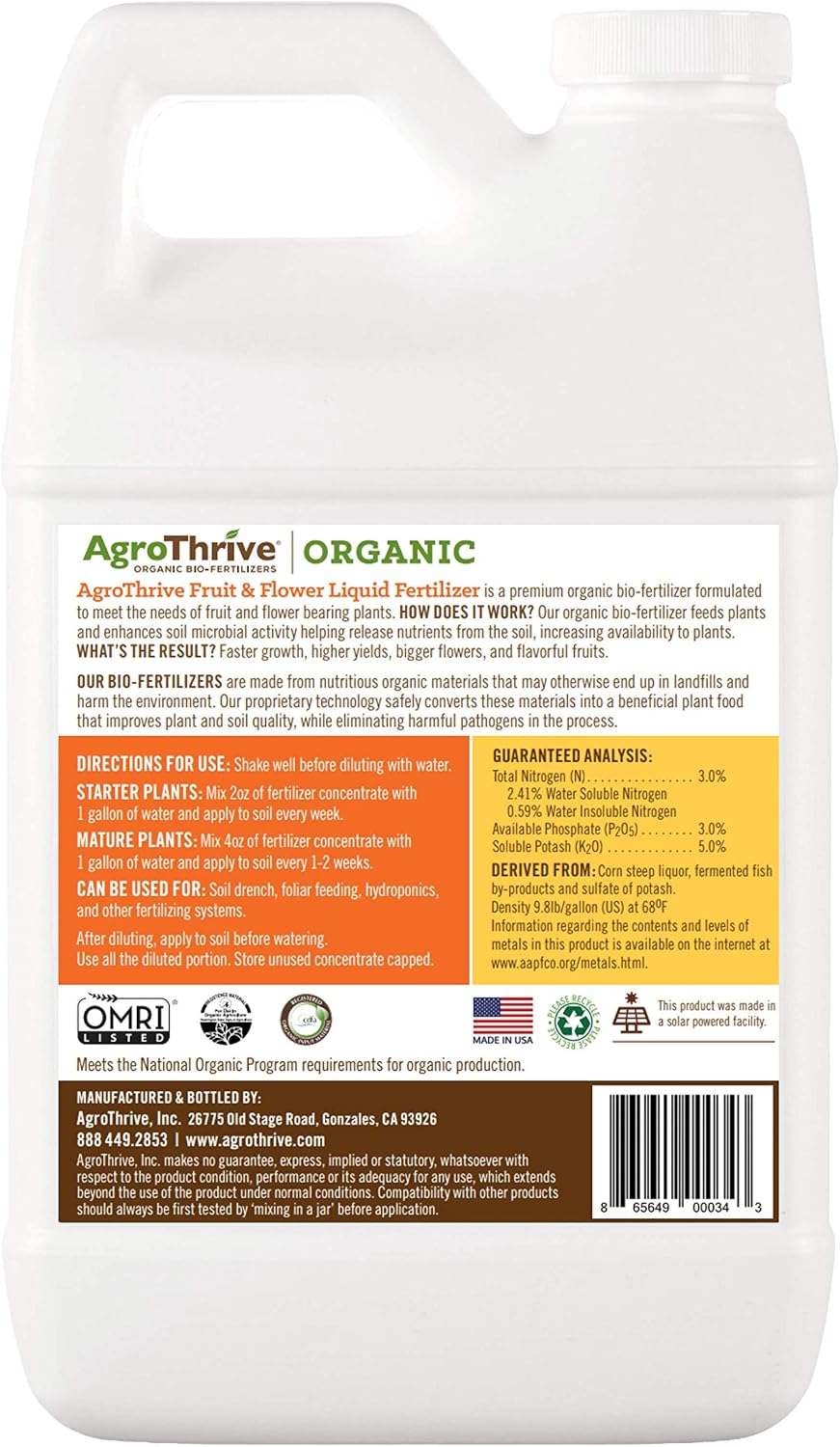 AgroThrive Fruit and Flower Organic Liquid Fertilizer - 3-3-5 NPK (ATFF1128) (1 Gal) for Fruits, Flowers, Vegetables, Greenhouses and Herbs