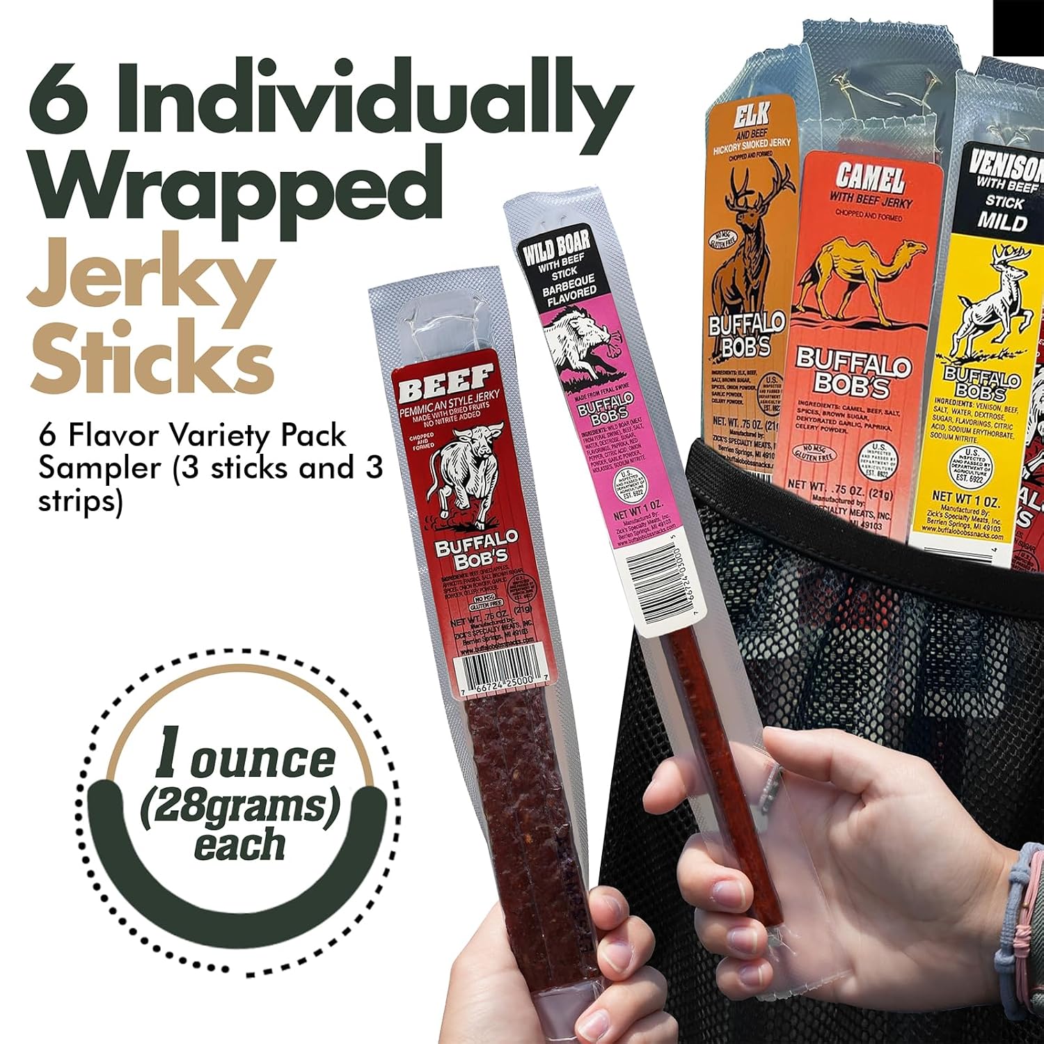 Buffalo Bob's Exotic Meat Random Flavors - Beef Jerky Variety, 6-Pack | Sampler Set, Gift Basket for Men, Hunting & Camping Adventure, Stocking Stuffers, High Protein Snack, Gluten-Free Diet