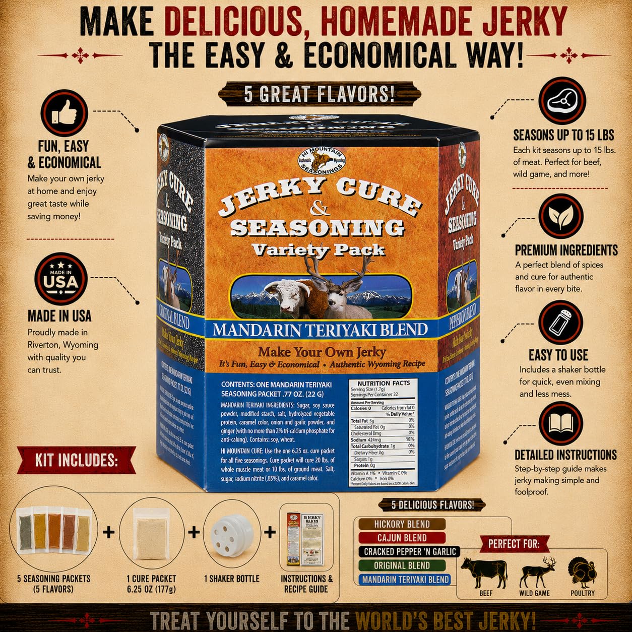Hi Mountain BOLD & SAVORY Jerky Seasoning and Cure Kit | Variety Pack | Bold & savory flavors: Mandarin Teriyaki, Pepperoni, Sweet & Spicy, Inferno, & Pepper, Beef, Venison, Deer, Elk, Up to 20 lbs