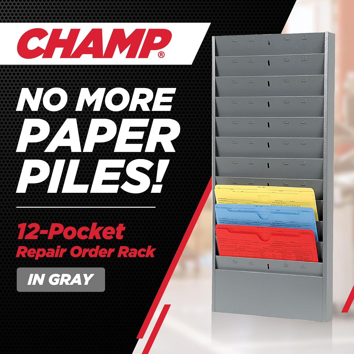 CHAMP Repair Order Rack, 18-Pocket Wall Mount Organizer, Gray