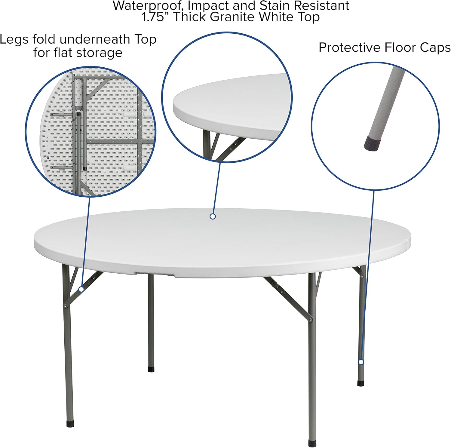 Flash Furniture Elon 5' Round All-Occasion Plastic Folding Event Table, Foldable Portable Banquet Table for Indoor/Outdoor Events, White | Lightweight, Easy Storage, Commercial Grade