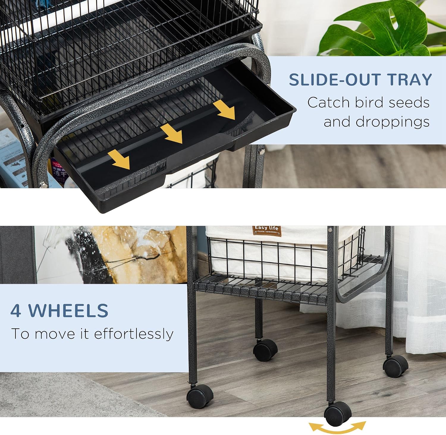 Pawhut 45-inch Metal Indoor Bird Cage, Parrot Cage, Bird Aviary with Detachable Rolling Stand, Storage Basket, and Accessories - Black | Parrot Cage