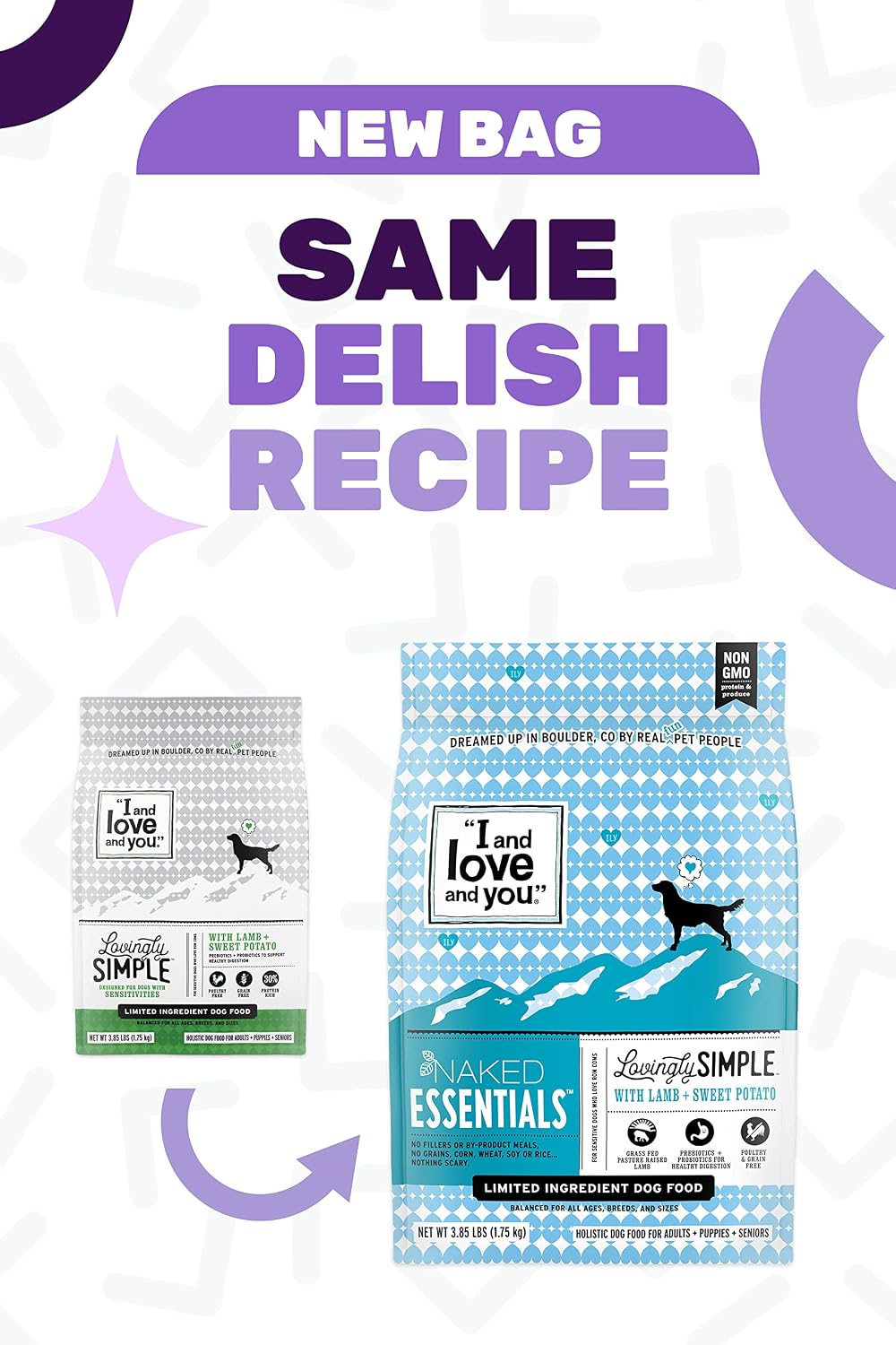 I and love and you Naked Essentials Dry Dog Food - Lamb + Bison - High Protein, Real Meat, No Fillers, Prebiotics + Probiotics, 4lb Bag
