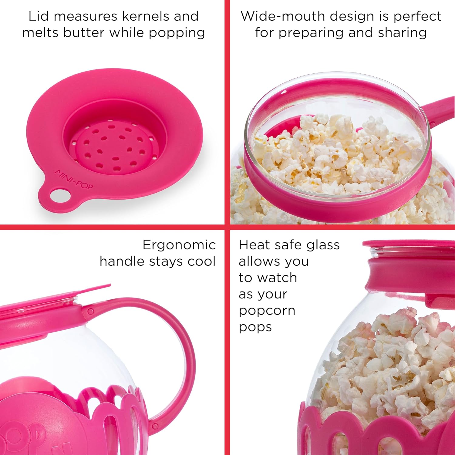Ecolution Patented Micro-Pop Microwave Popcorn Popper with Temperature Safe Glass, 3-in-1 Lid Measures Kernels and Melts Butter, Made Without BPA, Dishwasher Safe, 3-Quart, Red