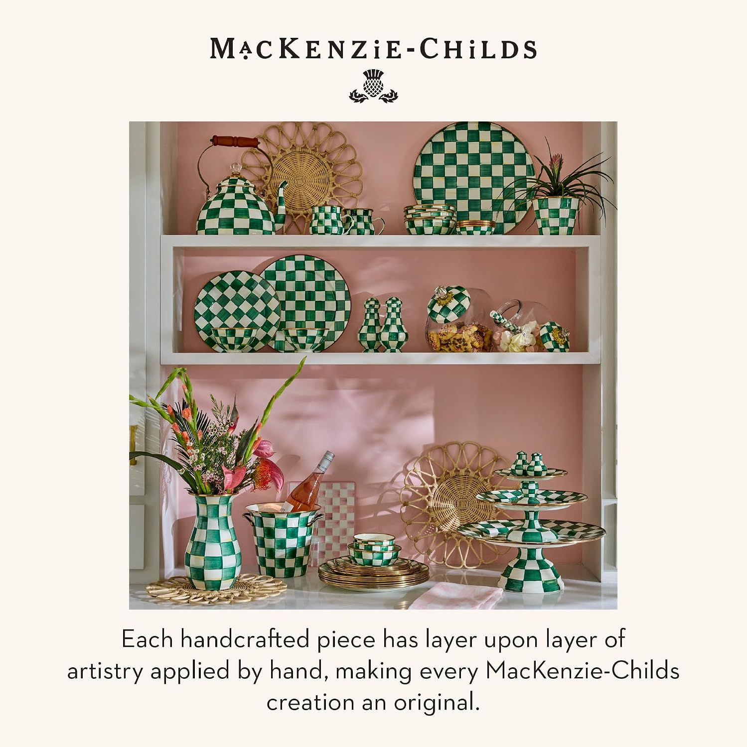 MACKENZIE-CHILDS Pedestal Platter, Mini, Black-and-White Courtly Check | Hand-painted design, made from enameled steel, stackable round cake stand for serving desserts, 8" dia. x 3" H