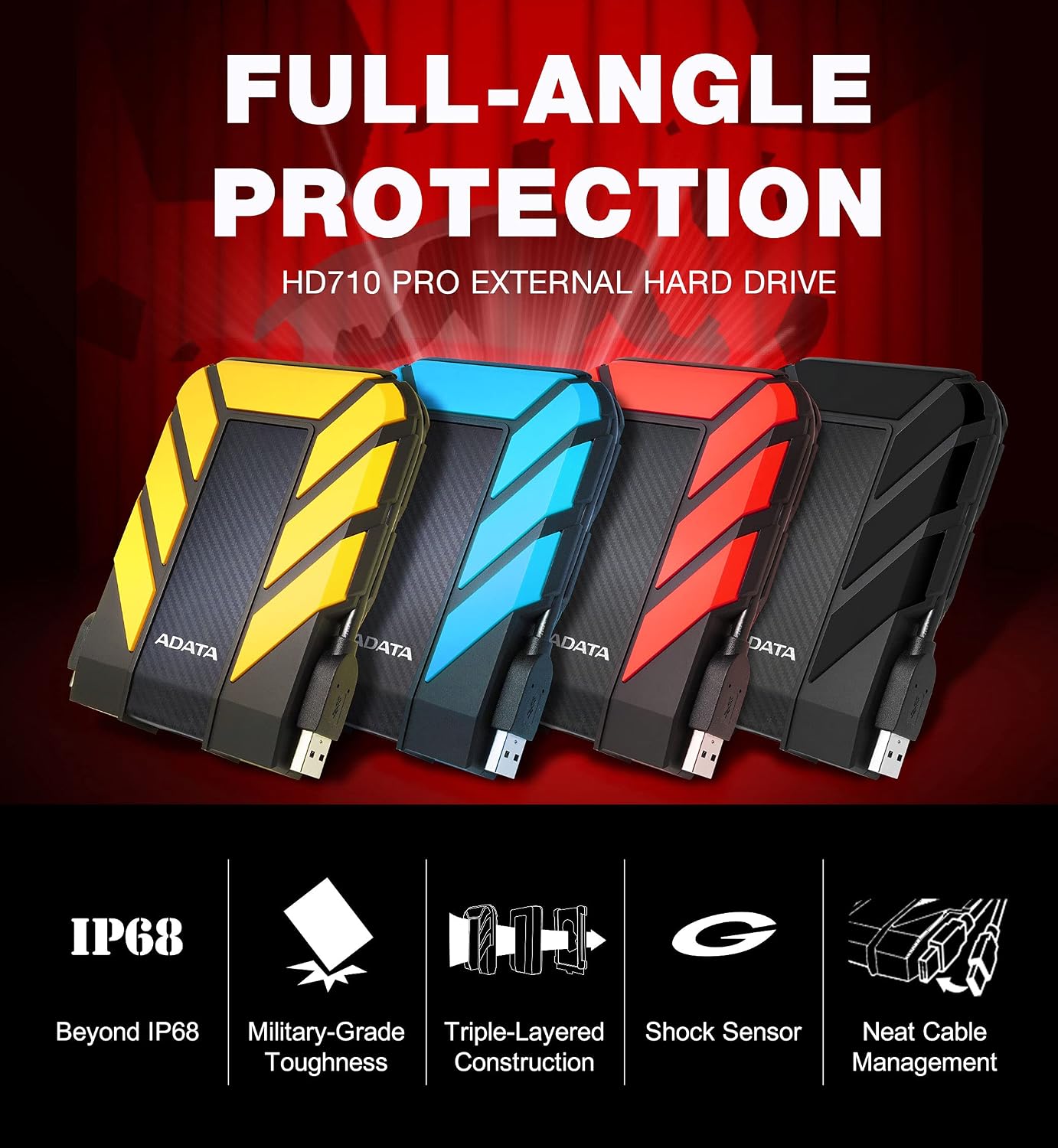 ADATA HD710 Pro - 4 TB External Hard Drive - Shockproof, Waterproof & Dustproof - Durable Storage - For Gamers, Students & Professionals - Mac, PC & Linux Compatible - Black - AHD710P-1TU31-CBK