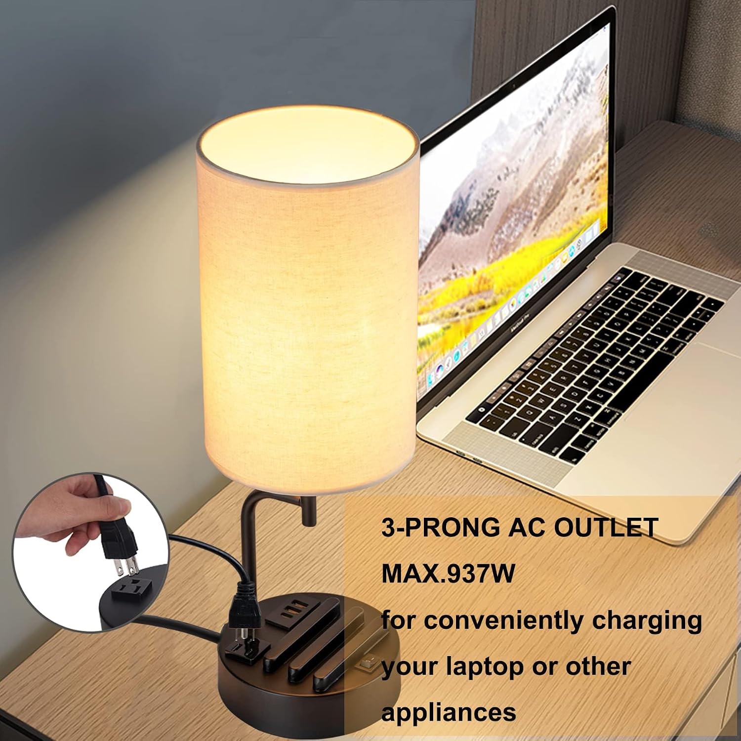 Dreamholder Table Lamp with 3 USB Charging Ports, Modern Desk Lamp with AC Outlet and Phone Stands, Perfect Bedside Lamp for Bedroom, Living Room