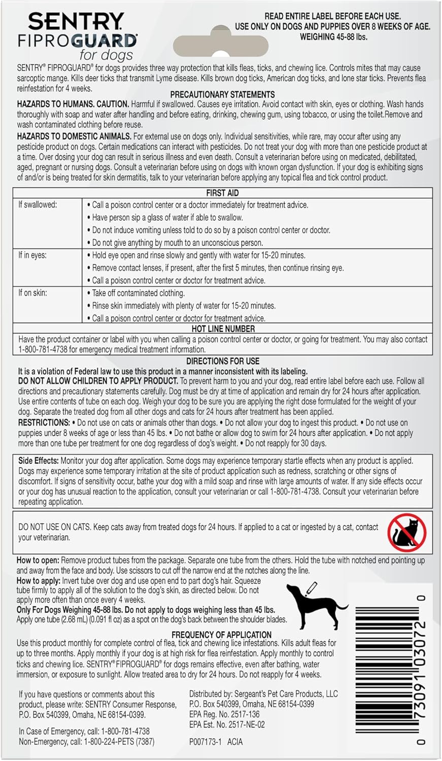 Sentry Fiproguard for Dogs, Flea and Tick Prevention for Dogs (23-44 Pounds), Includes 3 Month Supply of Topical Flea Treatments | Ideal for Medium Dogs 23-44 lbs; Kills Fleas, Ticks & Chewing Lice for 30 Days; 8 weeks+; Vet-Quality OTC Formula