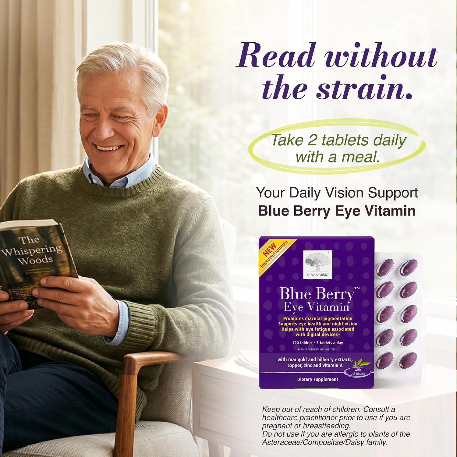 NEW NORDIC Blue Berry Eye Vitamin Supplement Daily Vision Support - 120 Ct. | Daily eye health supplements formulated with lutein and Swedish wild blueberries for simple integration into your routine