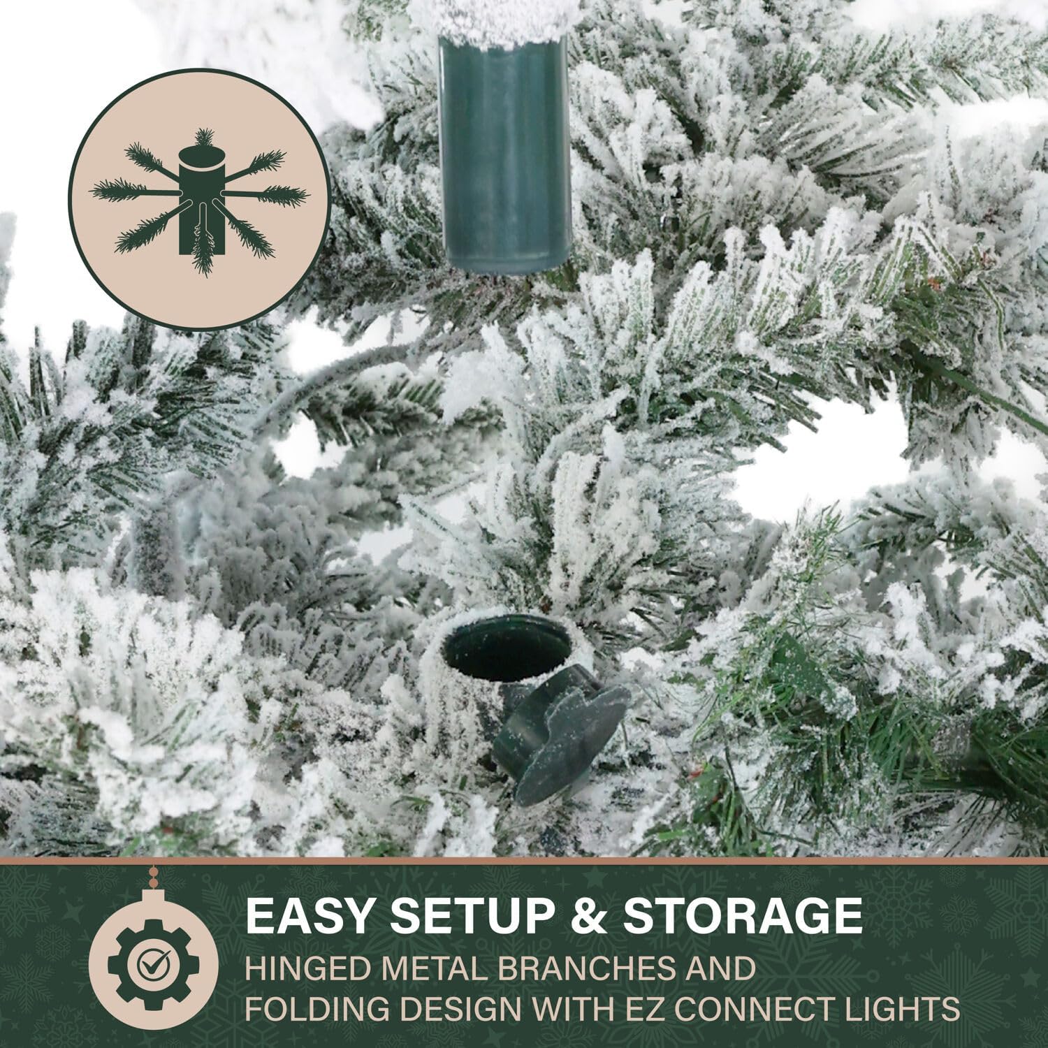 Fraser Hill Farm 7.5-Ft. Mountain Pine Flocked Artificial Christmas Tree with Stand, Unlit Foldable Fake Tree with Realistic Snowy Foliage for Home Decoration